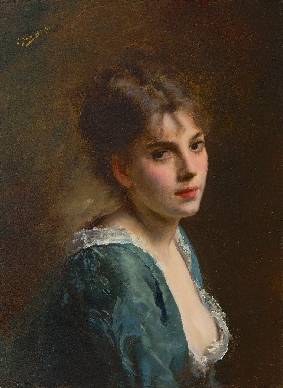 Jacquet G.J.  | 'Gustave' Jean Jacquet, Portrait of a young beauty, oil on panel 33.9 x 25.7 cm, signed u.l. and dated 1875