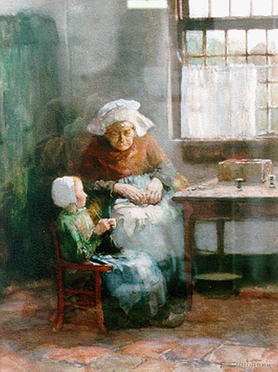 Deutmann F.W.M.  | 'Franz' Wilhelm Maria Deutmann, The knitting lesson, watercolour on paper 68.0 x 52.0 cm, signed l.r.