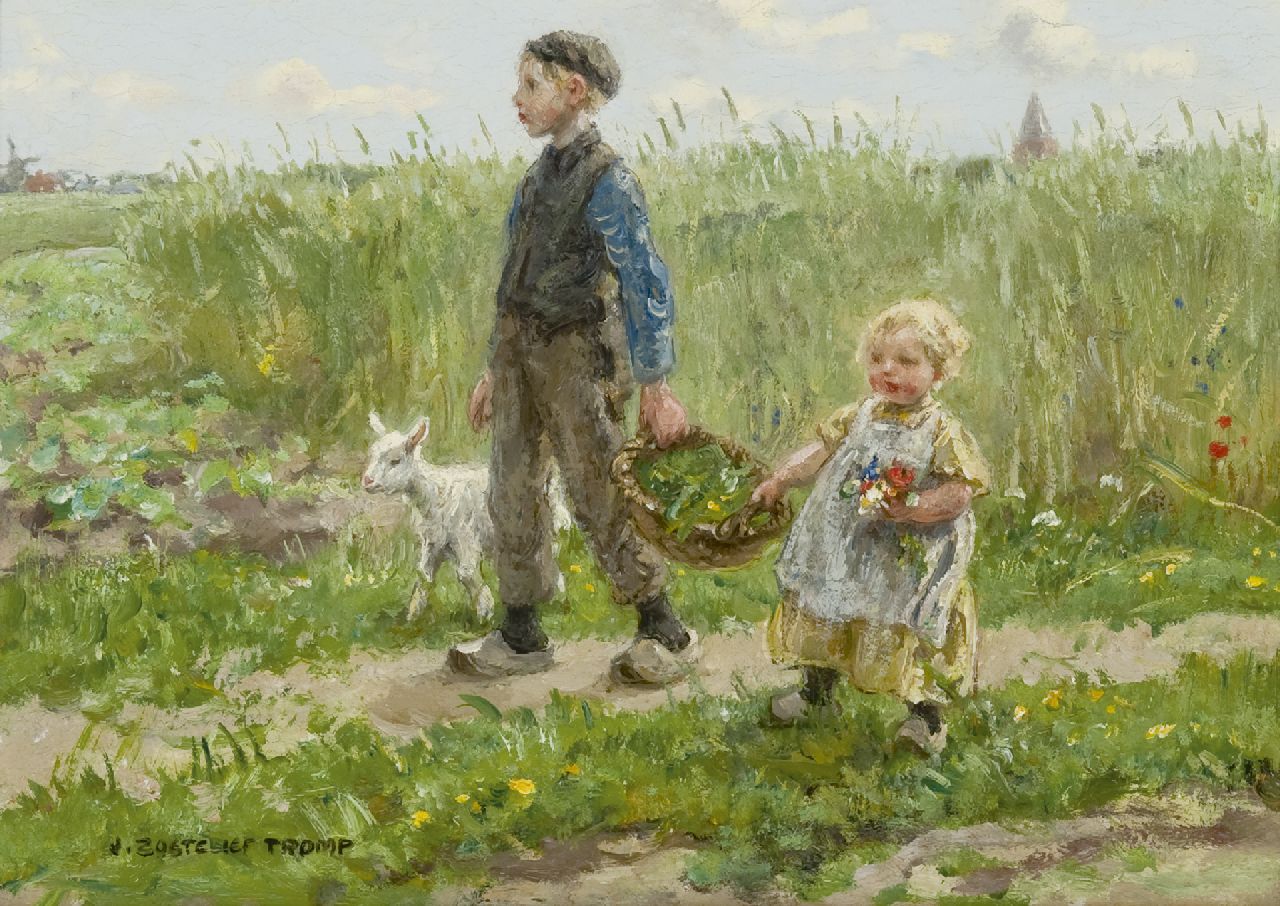 Zoetelief Tromp J.  | Johannes 'Jan' Zoetelief Tromp, Children walking through the cornfields at Blaricum, oil on panel 24.3 x 33.8 cm, signed l.l.