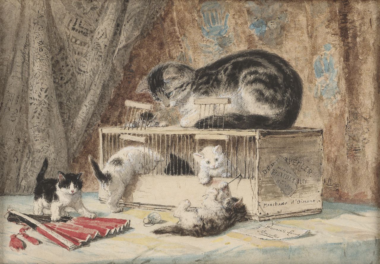 Ronner-Knip H.  | Henriette Ronner-Knip, A cat and kittens playing with a birds cage, watercolour on paper 30.2 x 43.9 cm, signed l.r. on a painted label
