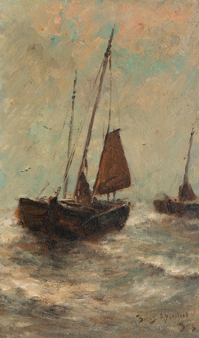 Betzy Rezora Berg | Fishing vessels in the surf, Scheveningen, oil on canvas, 50.3 x 30.3 cm, signed l.r. and on a label on the stretcher and painted ca. 1885-1888