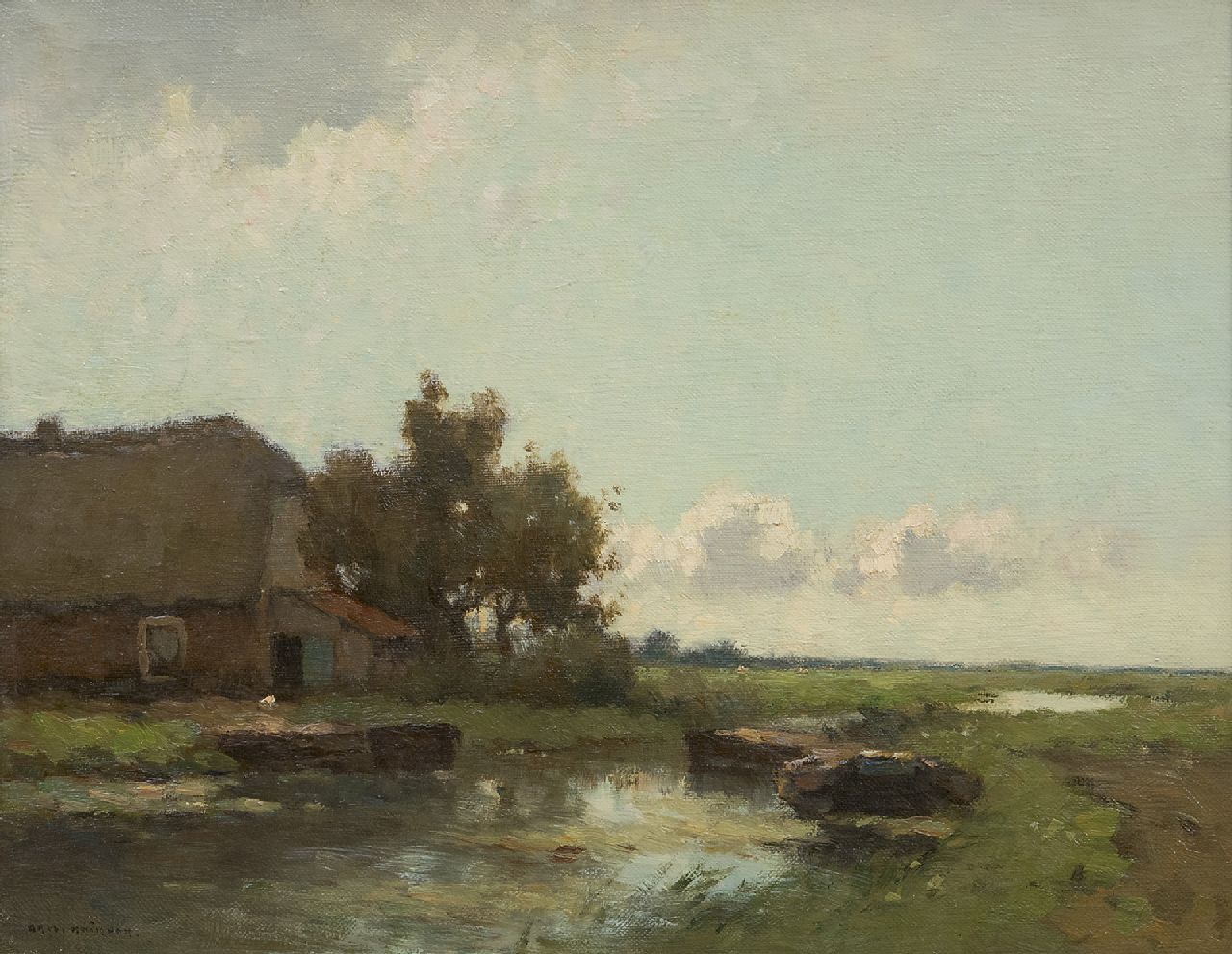 Knikker A.  | Aris Knikker, Moored barges by a farm, oil on canvas 32.3 x 41.1 cm, signed l.l.
