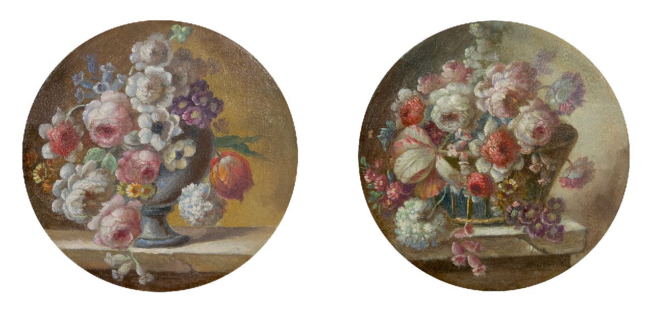 Omgeving van Cornelis van Spaendonck | Miniatures of a still life with cabbage roses (2), oil on copper, 8.6 cm