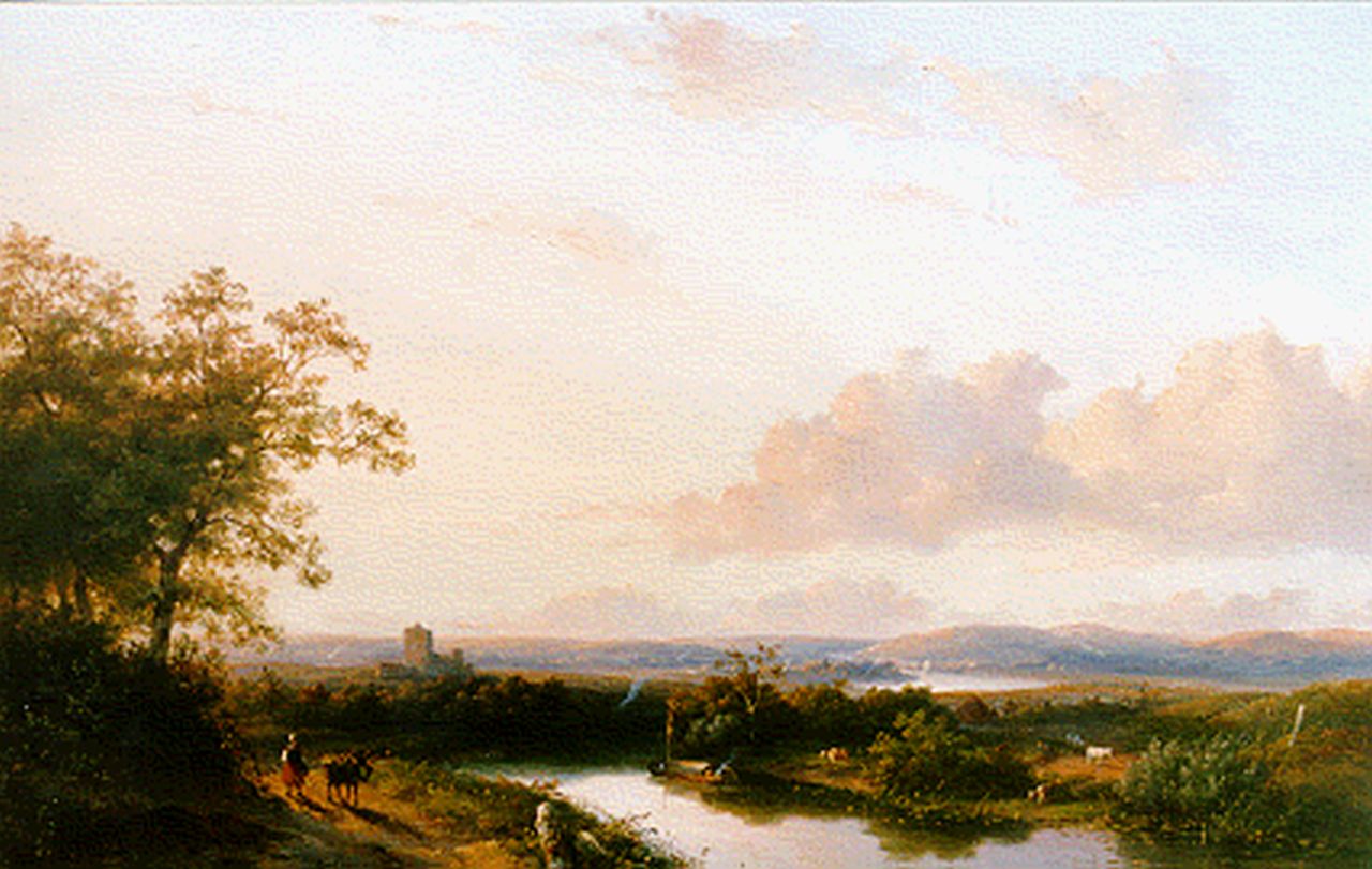 Hans J.G.  | Josephus Gerardus Hans, A panoramic river landscape, oil on panel 43.5 x 60.5 cm, signed l.l. and dated '47