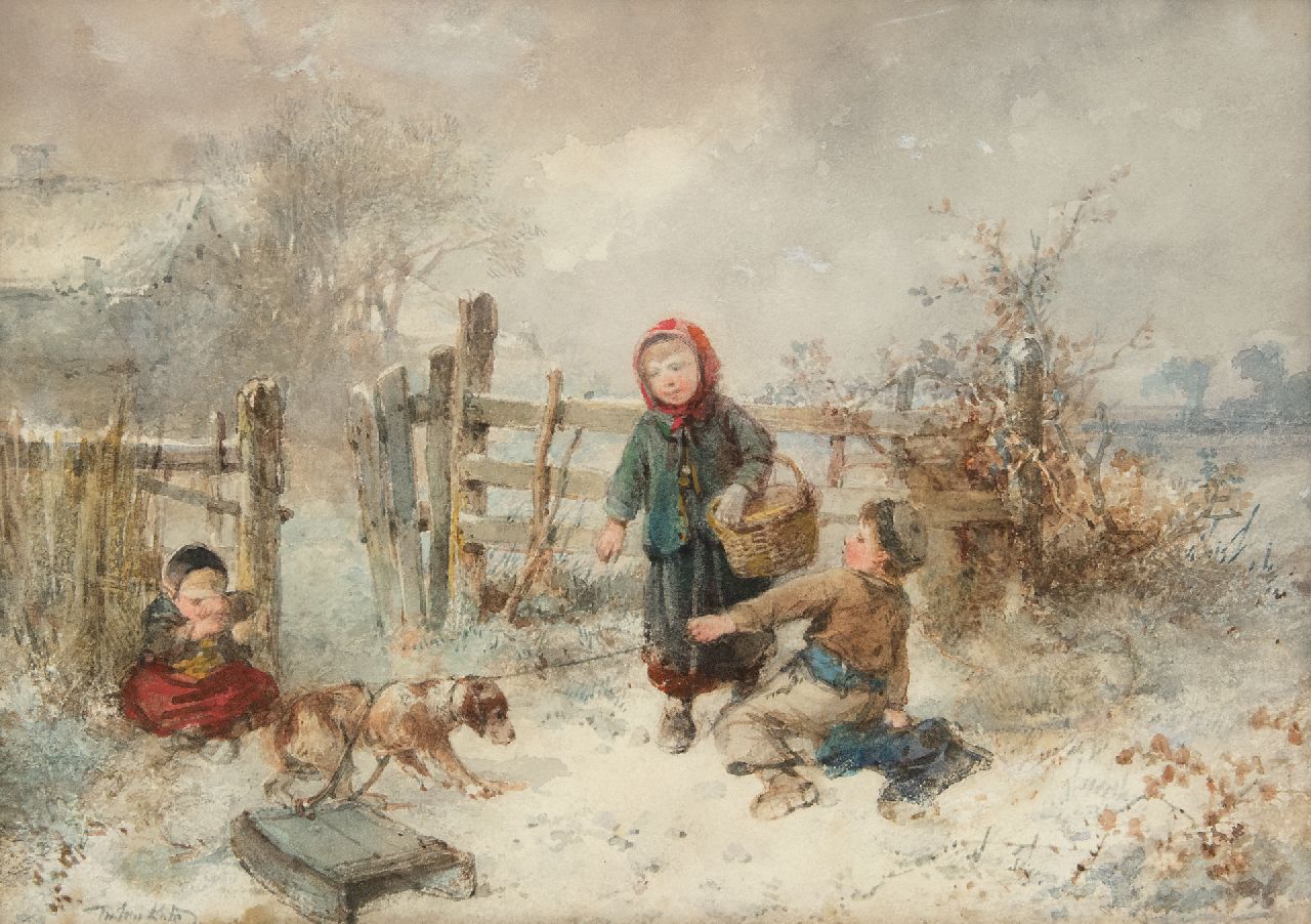 Kate J.M.H. ten | Johan 'Mari' Henri ten Kate | Watercolours and drawings offered for sale | Children playing in the snow, watercolour on paper 25.7 x 35.9 cm, signed l.l.