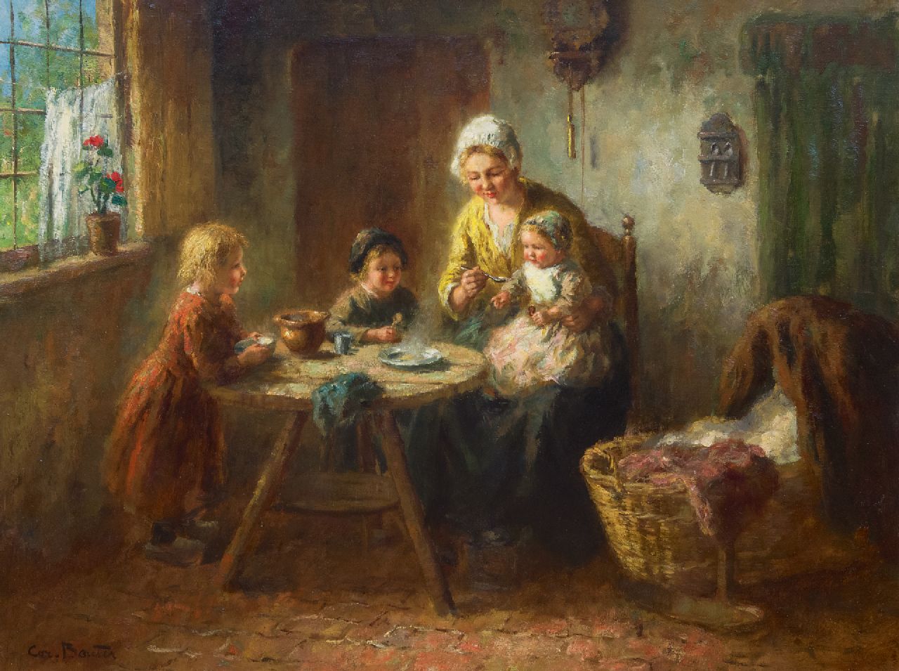 Bouter C.W.  | Cornelis Wouter 'Cor' Bouter, Interior with mother and children at mealtime, oil on canvas 75.1 x 99.9 cm, signed l.l.