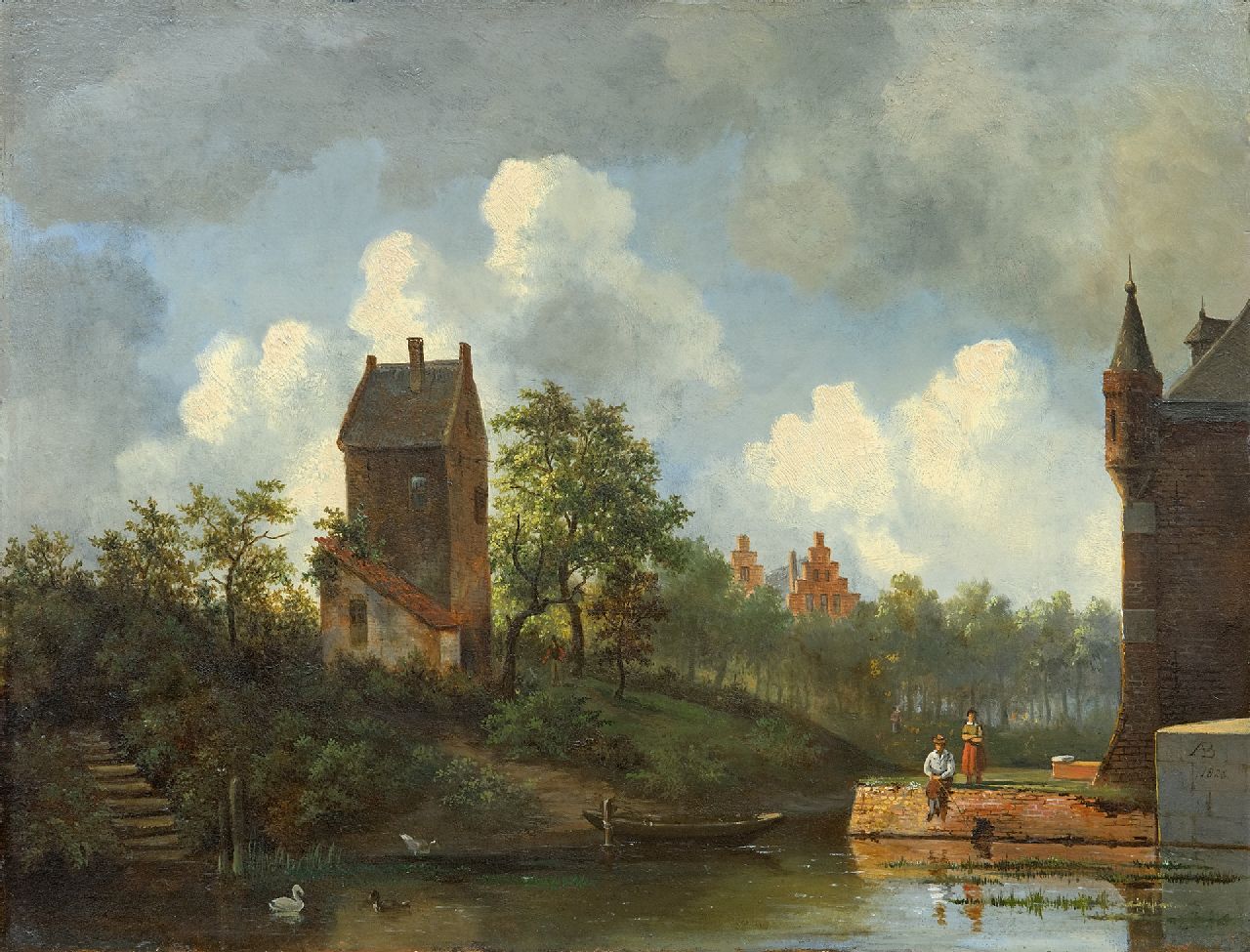 Brondgeest A.  | Albertus Brondgeest, Angler by a moat, oil on panel 34.5 x 45.0 cm, signed l.r. with monogram and dated 1826