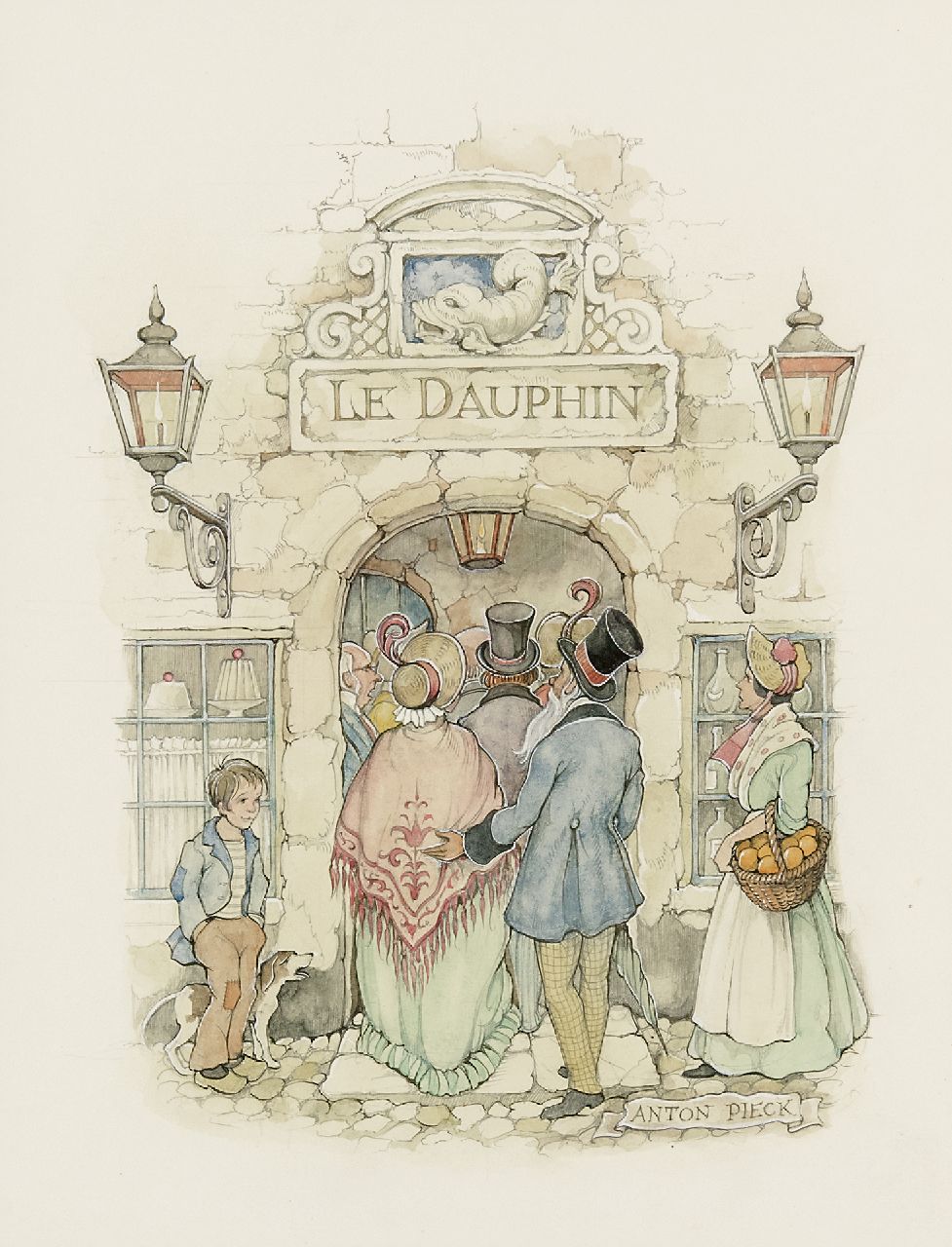Pieck A.F.  | 'Anton' Franciscus Pieck, Company entering 'Le Dauphin', pencil and watercolour on paper 29.7 x 23.0 cm, signed l.r.
