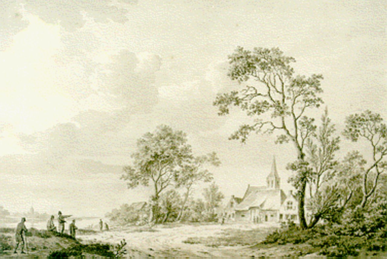 Koekkoek B.C.  | Barend Cornelis Koekkoek, Figures on a country road, sepia on paper 18.2 x 26.8 cm, signed m.l.