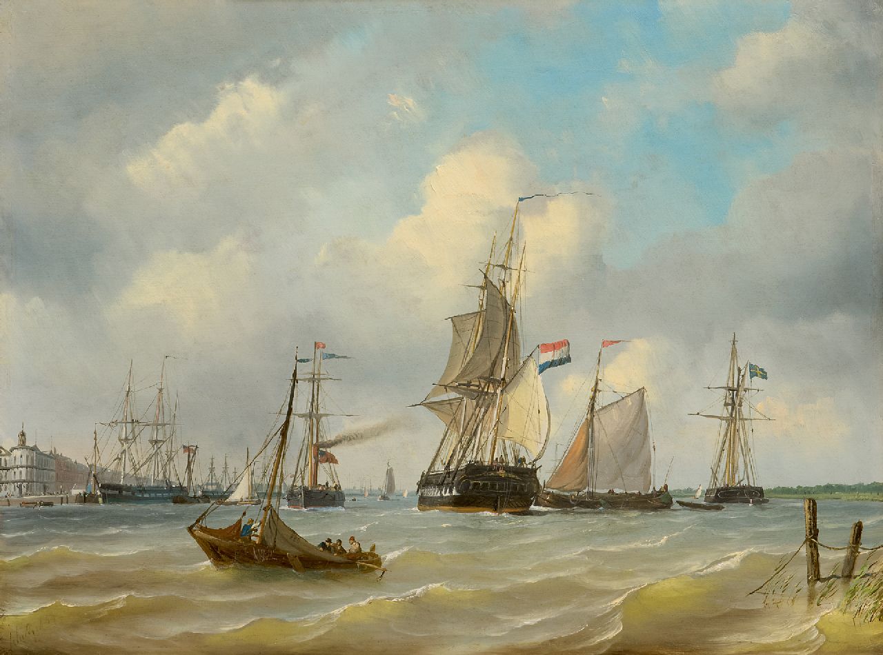 Schiedges P.P.  | Petrus Paulus Schiedges, Shipping near the Willemskade in Rotterdam, the building of the Royal Yachtclub (now Wereldmuseum) in the distance, oil on panel 39.9 x 53.2 cm, signed l.r. and dated 1869