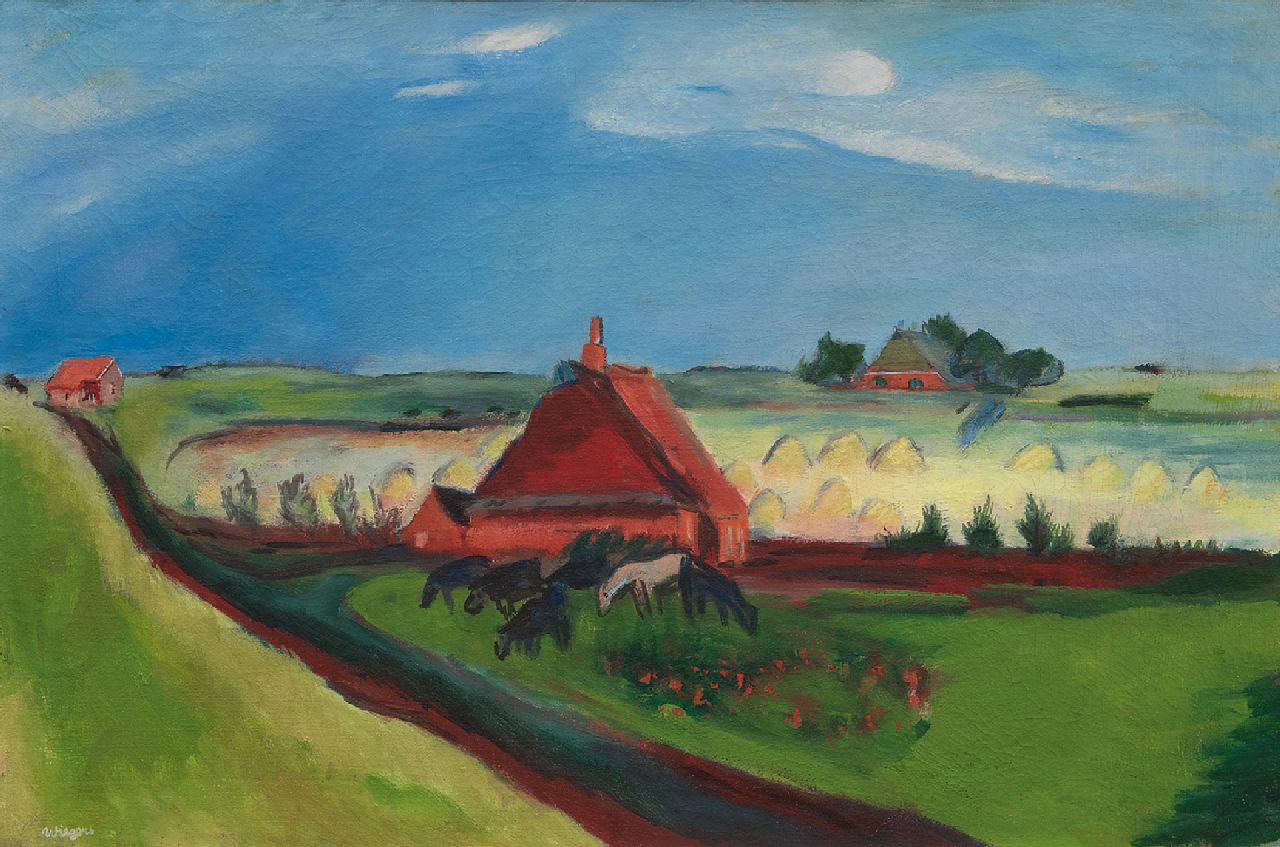 Wiegers J.  | Jan Wiegers, A polder landscape with seawall, Groningen, wax paint on canvas 53.0 x 80.3 cm, signed l.l. and painted ca. 1930-1933