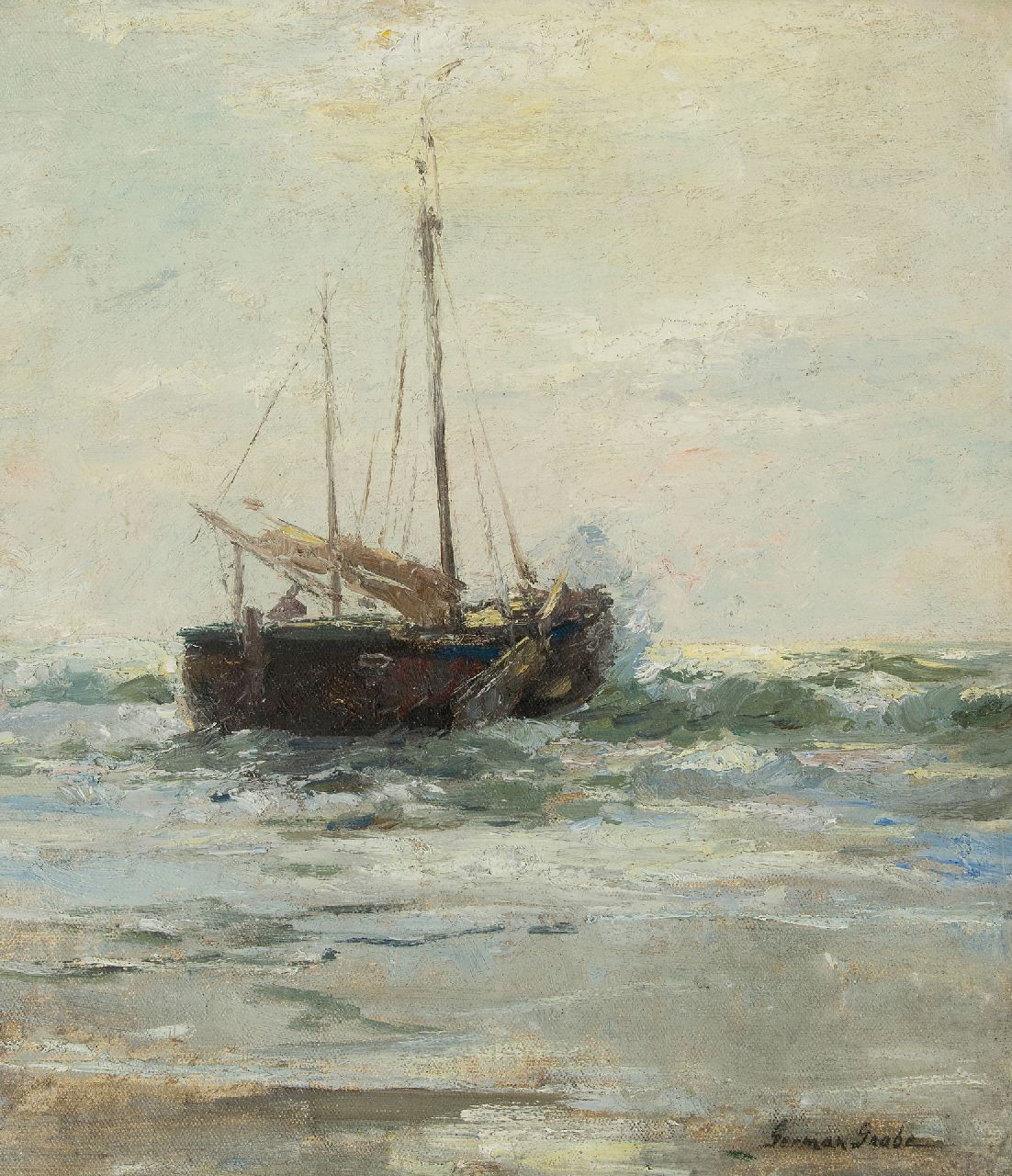 Grobe P.G.  | Philipp 'German' Grobe | Paintings offered for sale | A fishing vesselin the surf, Katwijk, oil on canvas laid down on panel 46.4 x 40.5 cm, signed l.r.