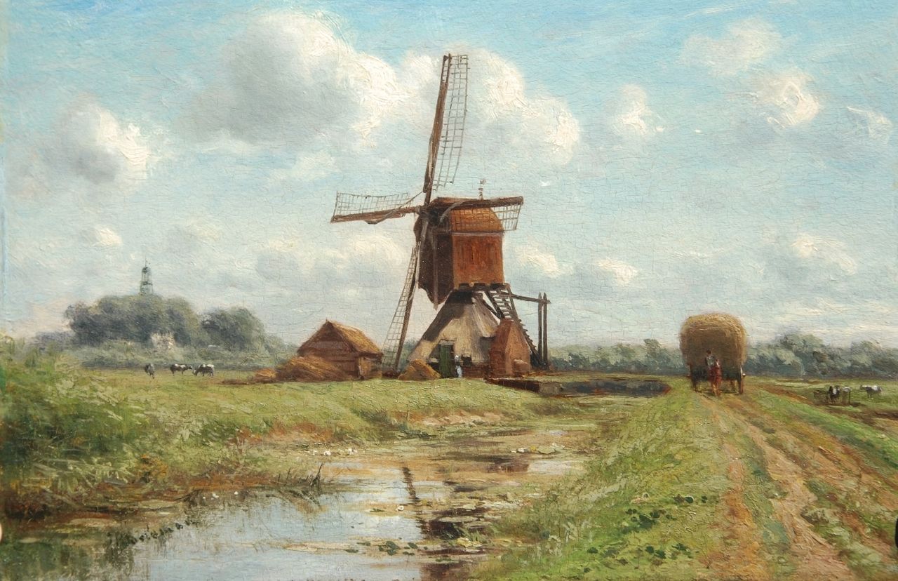 Doeleman J.H.  | Johan Hendrik Doeleman, A polder landscape with a windmill, oil on panel 21.8 x 32.8 cm, signed l.l.