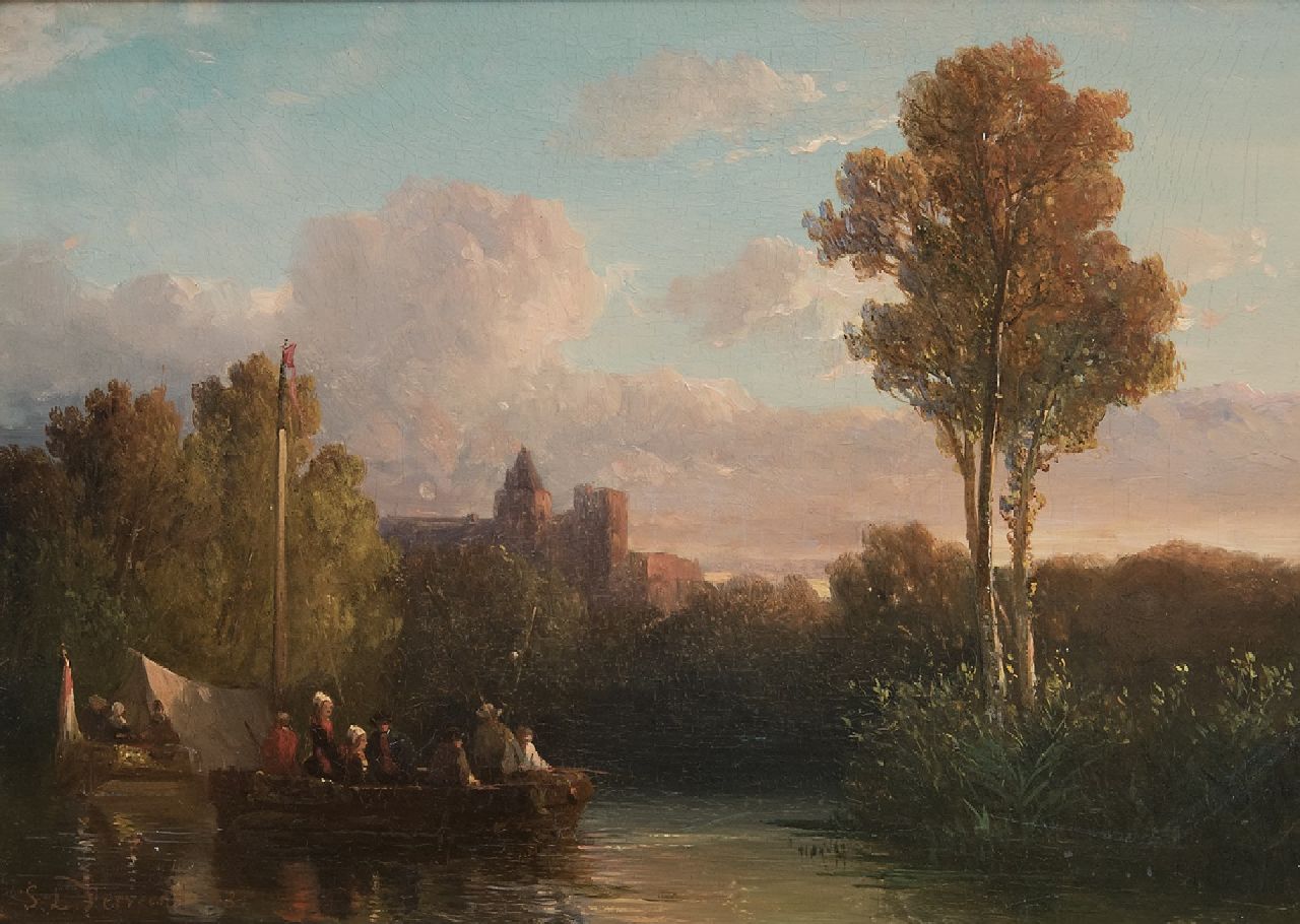 Verveer S.L.  | 'Salomon' Leonardus Verveer | Paintings offered for sale | A joyful boat trip at sunset, oil on panel 19.4 x 26.6 cm, signed l.l. and painted '53 [?] vague