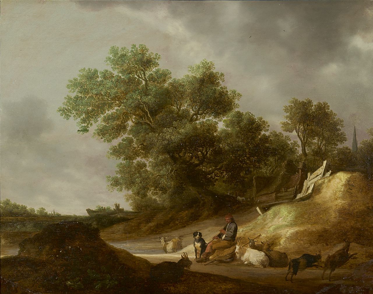 Hulst F. de | Frans de Hulst | Paintings offered for sale | A herdsman with flute in a landscape, oil on panel 54.0 x 69.0 cm, signed l.l.