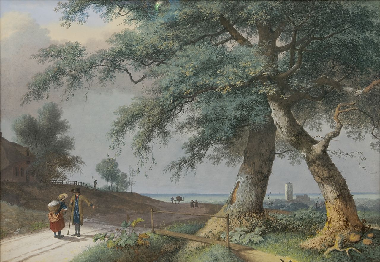 Knip J.A.  | Josephus Augustus Knip, Italian landscape with figures on a country road and a campanile in the distance, gouache on paper 49.5 x 71.5 cm