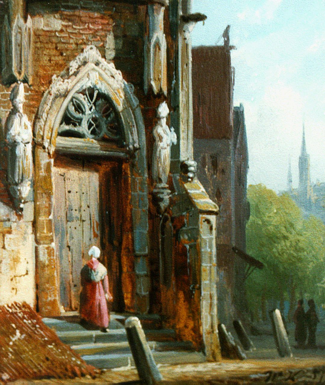 Koekkoek W.  | Willem Koekkoek, Churchgoing, oil on panel 10.6 x 8.9 cm, signed l.r. with monogram and dated '57