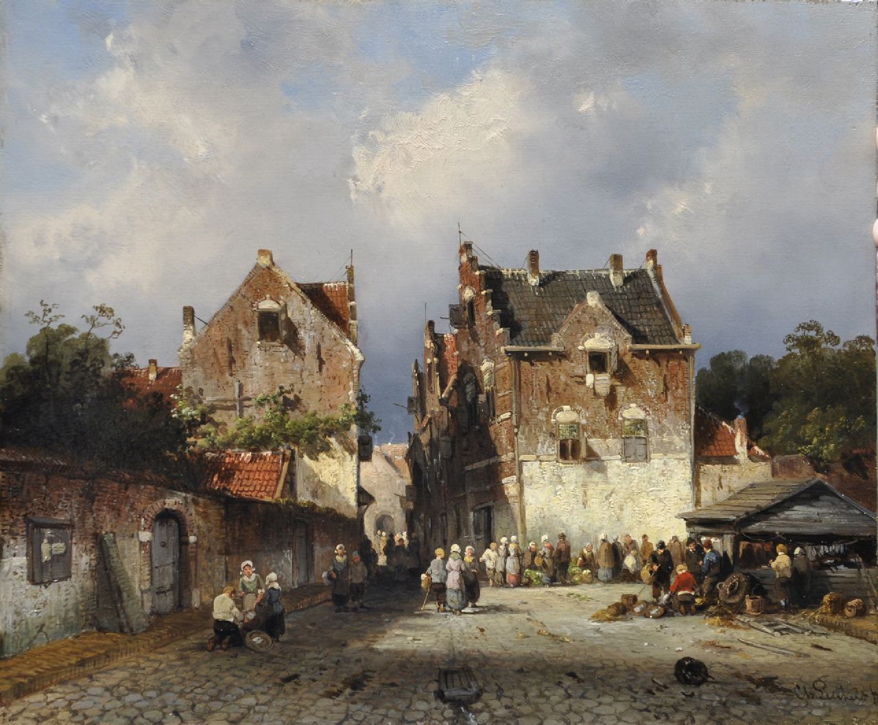 Leickert C.H.J.  | 'Charles' Henri Joseph Leickert, A town view with a vegetable and fish market, oil on panel 27.6 x 33.0 cm, signed l.r. and painted ca. 1855