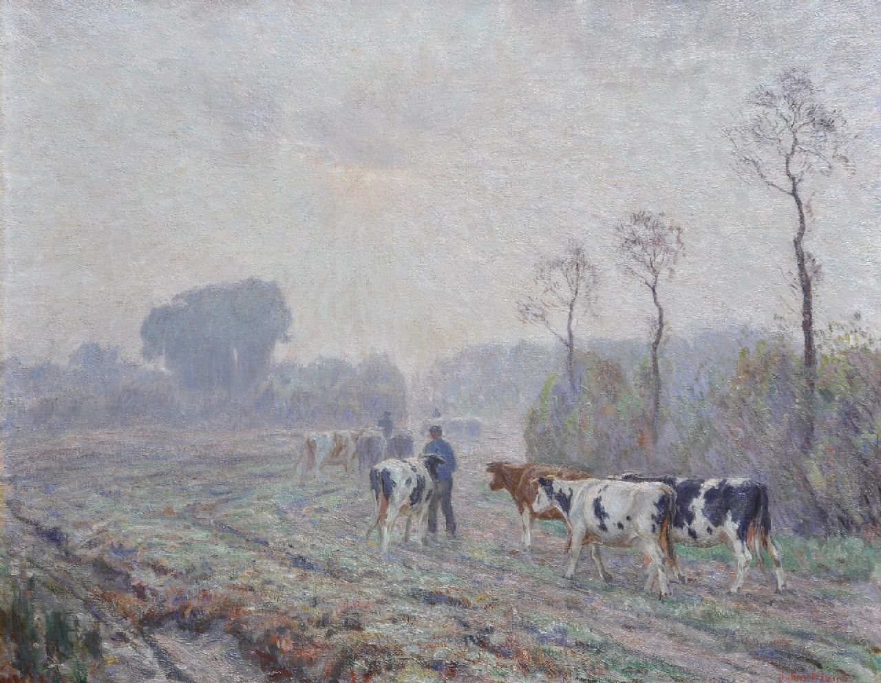 Meijer J.  | Johannes 'Johan' Meijer, Early morning: on the way to the common land, oil on canvas 65.2 x 85.7 cm, signed l.r.