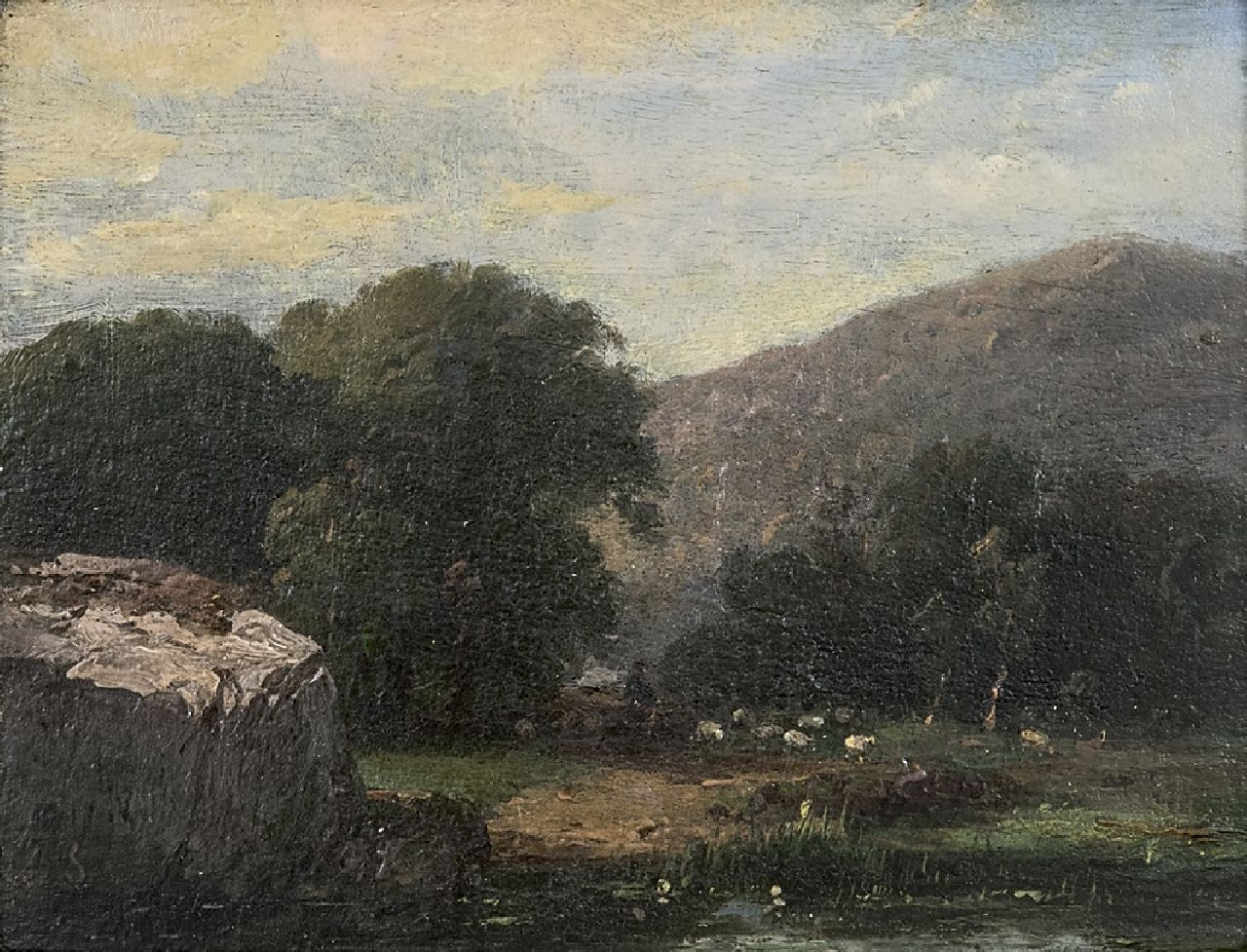 Schelfhout A.  | Andreas Schelfhout | Paintings offered for sale | A hilly landscape with a shepherd and his flock, oil on panel 13.8 x 17.5 cm, signed l.l. with initials
