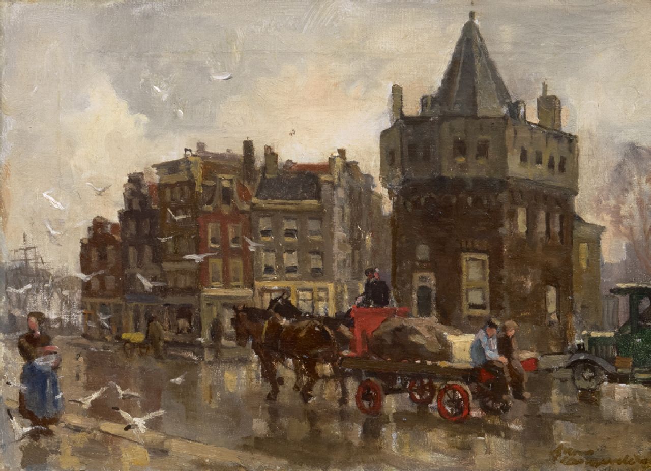 Langeveld F.A.  | Franciscus Arnoldus 'Frans' Langeveld, A horse and cart near the Schreierstoren, Amsterdam, oil on canvas 24.3 x 33.4 cm, signed l.r.