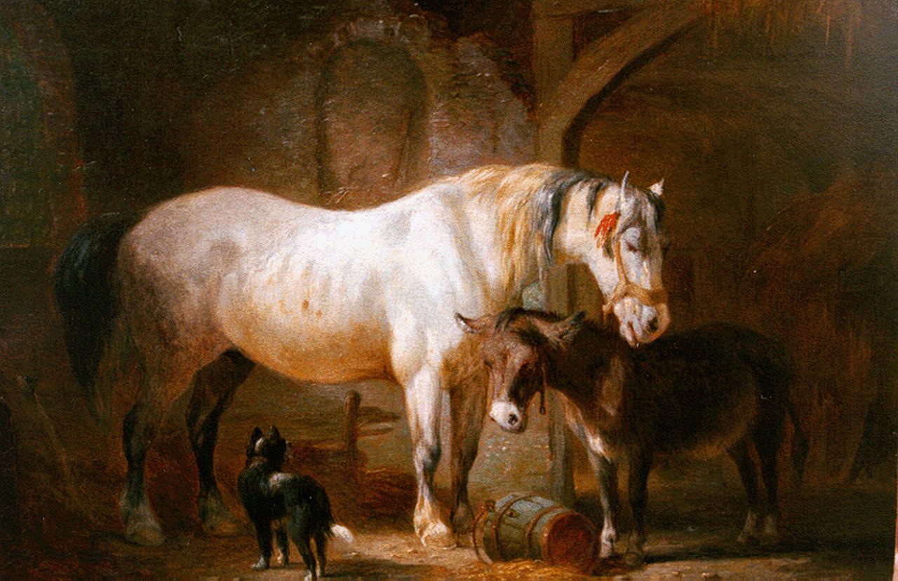 Os P.F. van | Pieter Frederik van Os, A stable interior with horse and donkey, oil on panel 15.5 x 22.3 cm, signed l.l.