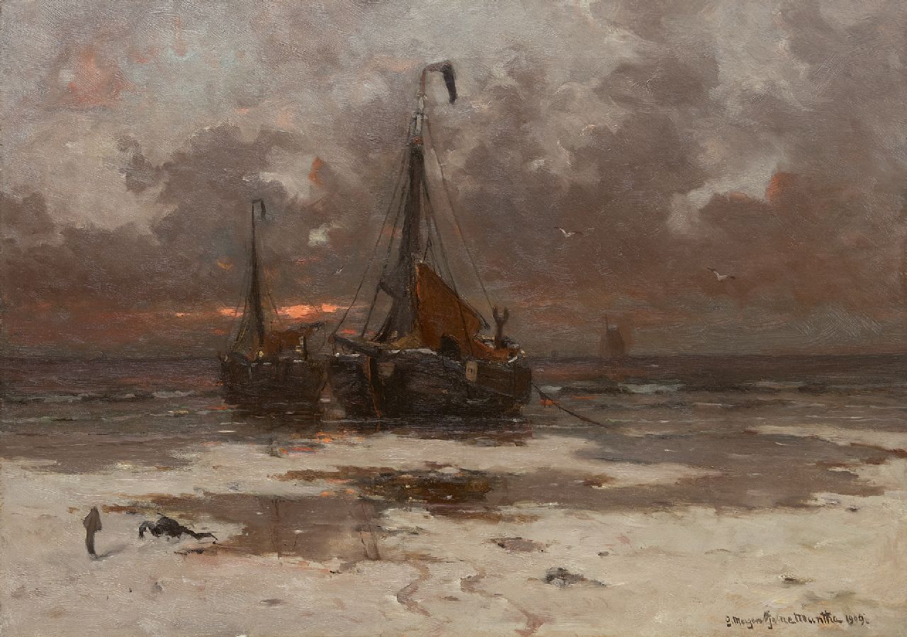 Munthe G.A.L.  | Gerhard Arij Ludwig 'Morgenstjerne' Munthe, Fishing boats at sunset, oil on canvas 59.0 x 86.7 cm, signed l.r. and dated 1909