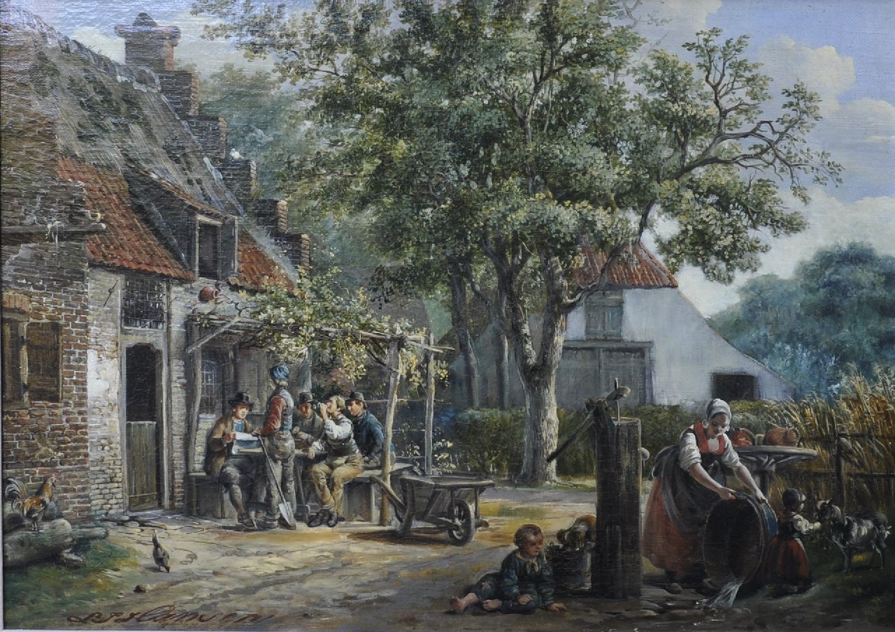 Lambertus Johannes Hansen | A village with drinkers at a tavern, oil on canvas, 41.1 x 56.1 cm, signed l.l.