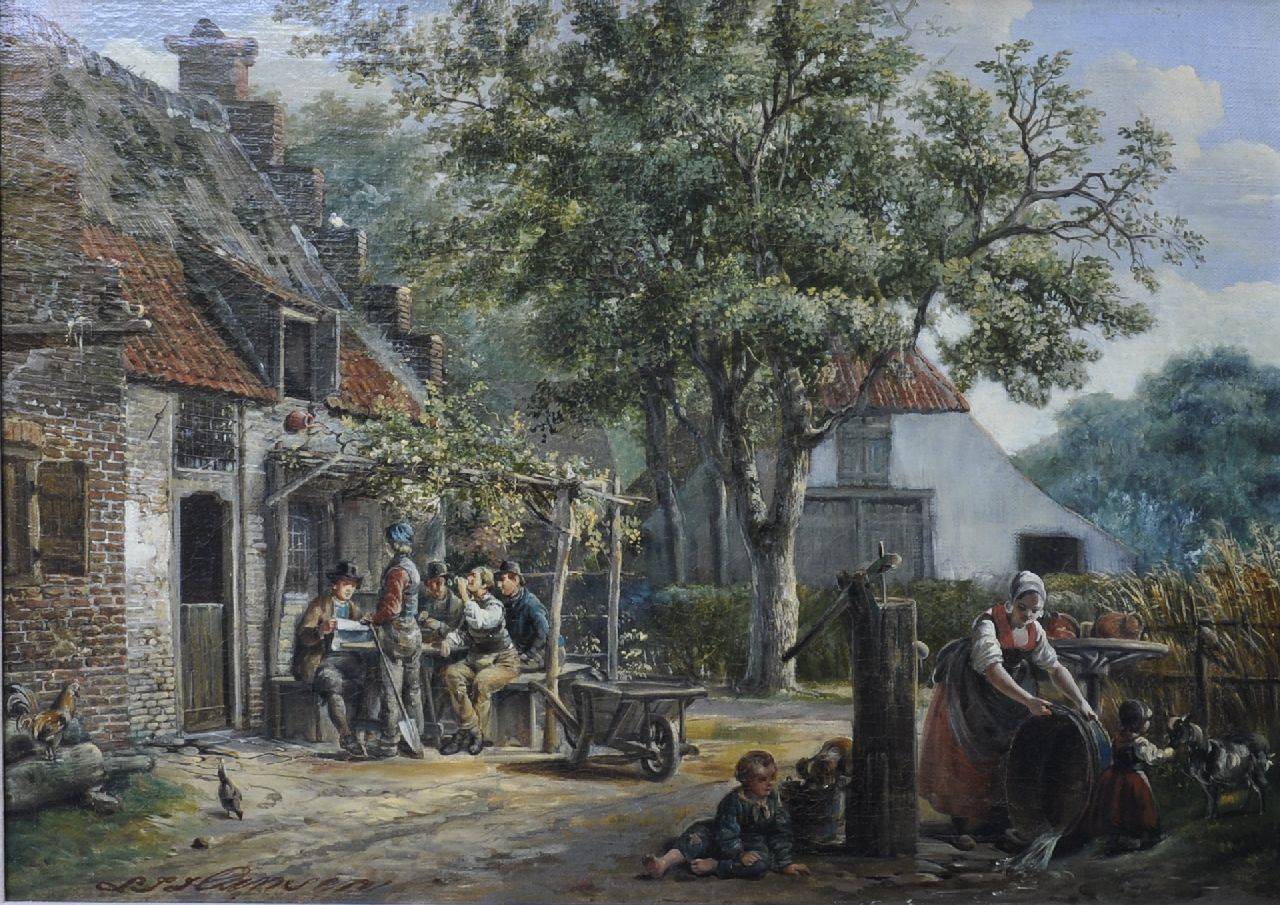 Lambertus Johannes Hansen | A village with drinkers at a tavern, oil on canvas, 41.1 x 56.1 cm, signed l.l.