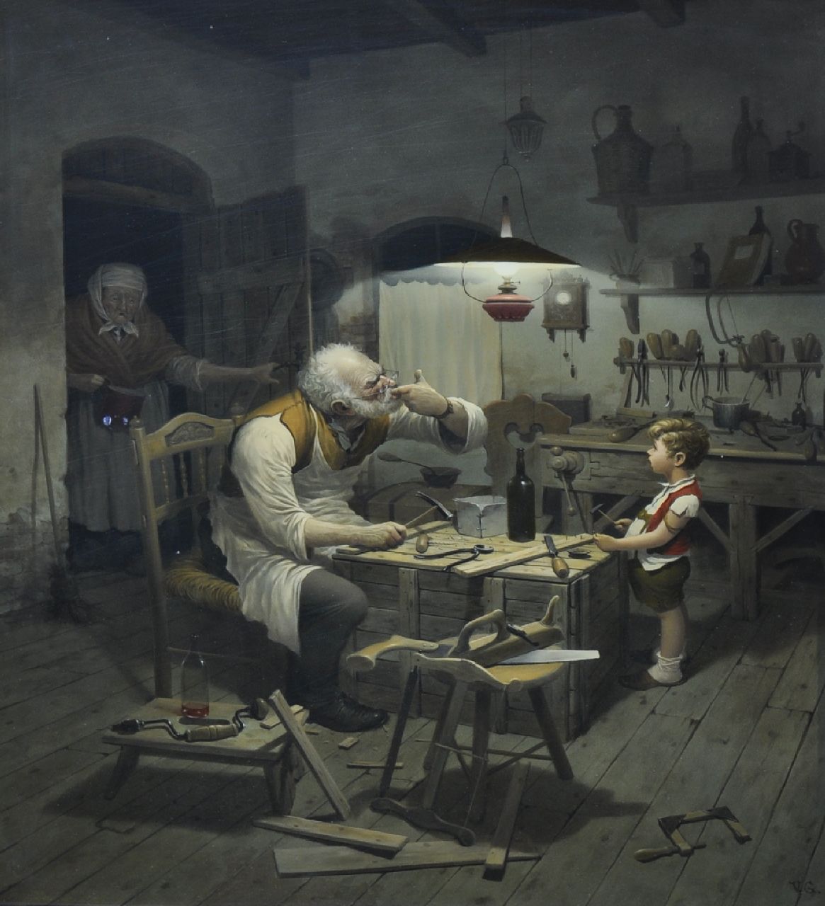 Gábor V.  | Vida Gábor, The unfortunate cabinetmaker, oil on panel 50.0 x 40.1 cm, signed l.r. with initials