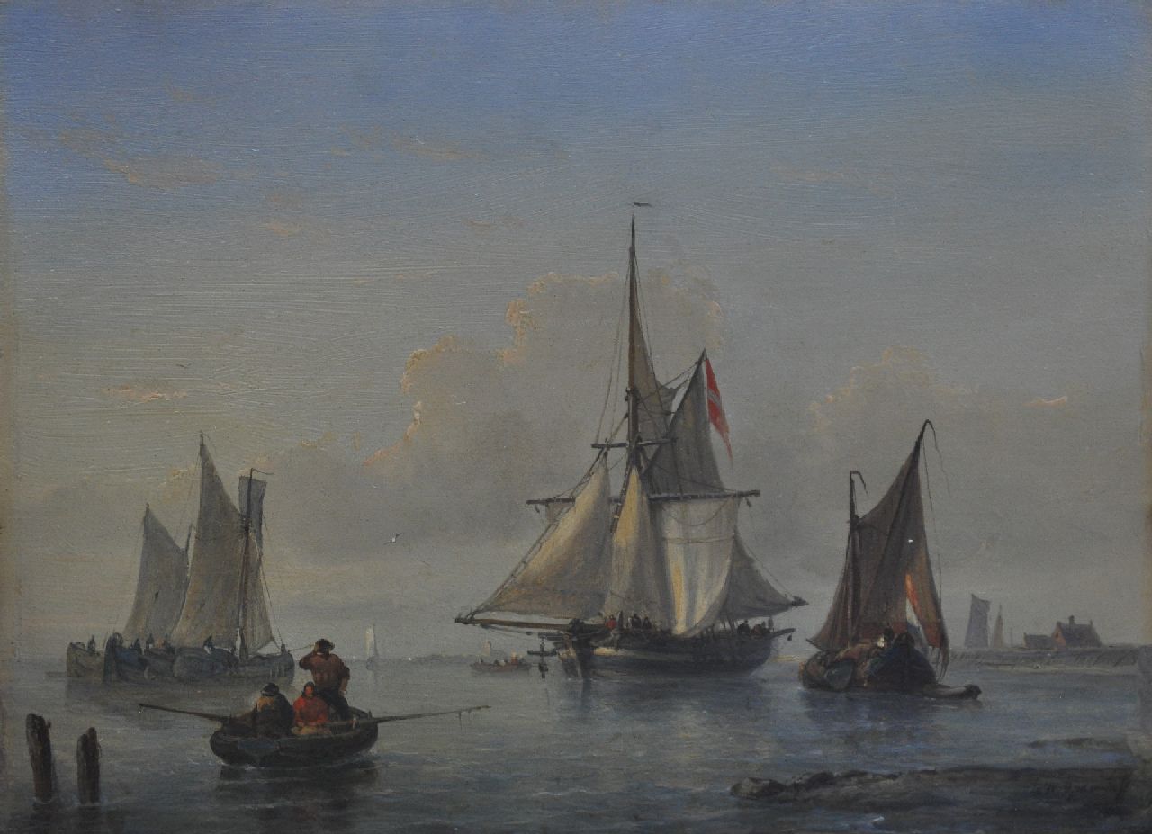 Opdenhoff G.W.  | Witzel 'George Willem' Opdenhoff, Sailing ships in a calm near the coast, oil on panel 20.8 x 28.4 cm, signed l.r.