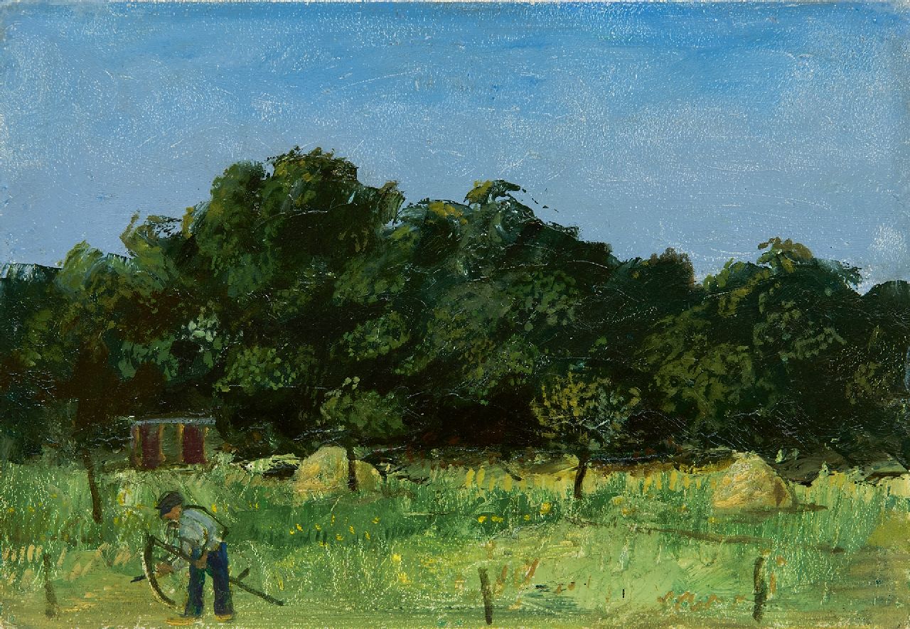 Kamerlingh Onnes H.H.  | 'Harm' Henrick Kamerlingh Onnes | Paintings offered for sale | A farmer working in the fields, oil on board 17.0 x 24.0 cm