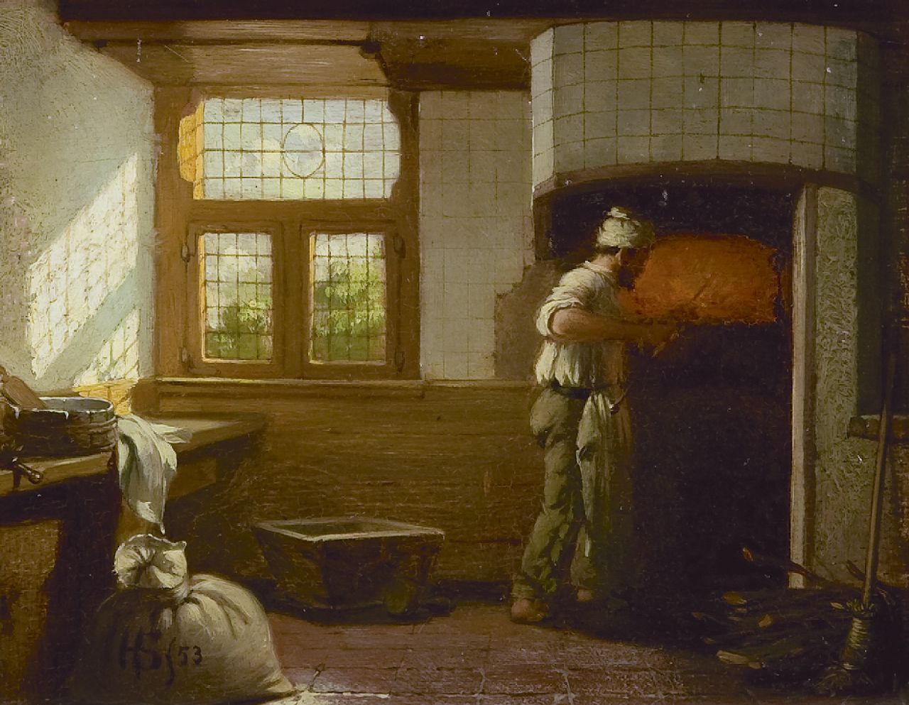 Scheeres H.J.  | Hendricus Johannes Scheeres, A baker at work, oil on panel 13.3 x 17.1 cm, signed l.l. with monogram and dated '53