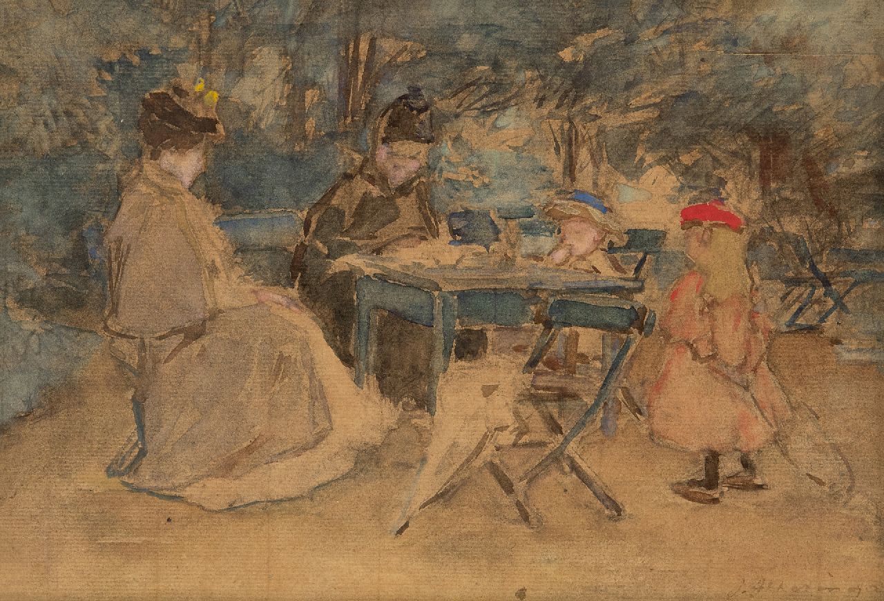 Akkeringa J.E.H.  | 'Johannes Evert' Hendrik Akkeringa | Watercolours and drawings offered for sale | An afternoon tea in The Hague, chalk and watercolour on paper 16.3 x 23.5 cm, signed l.r. and dated Aug 1890