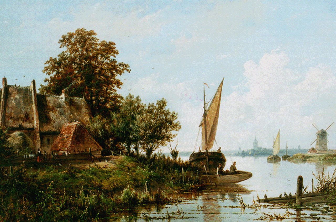 Hans J.G.  | Josephus Gerardus Hans, A river landscape with a moored boat, oil on panel 37.3 x 52.9 cm, signed l.r.