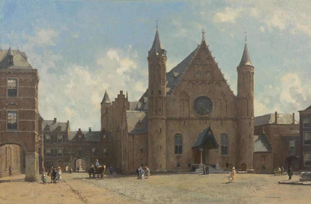 Vreedenburgh C.  | Cornelis Vreedenburgh, October morning: a view of The Ridderzaal in The Hague, oil on canvas 60.5 x 90.5 cm, signed l.r.