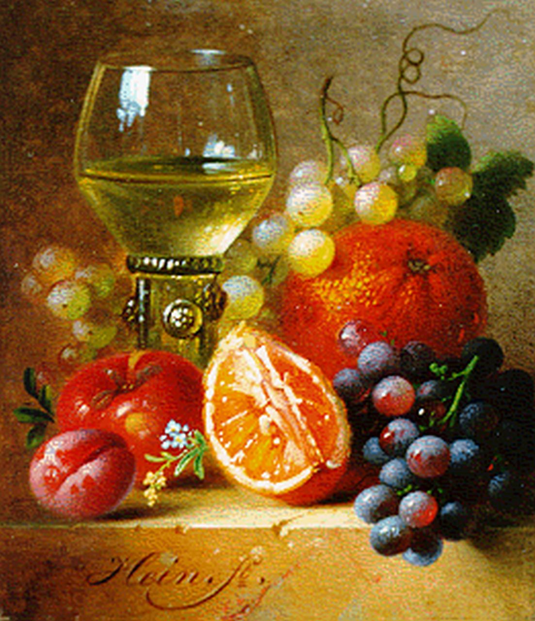 Hein H.J.  | Hendrik Jan Hein, A still life with wine, grapes,a orange and a apple, oil on panel 10.1 x 8.7 cm, signed l.l.