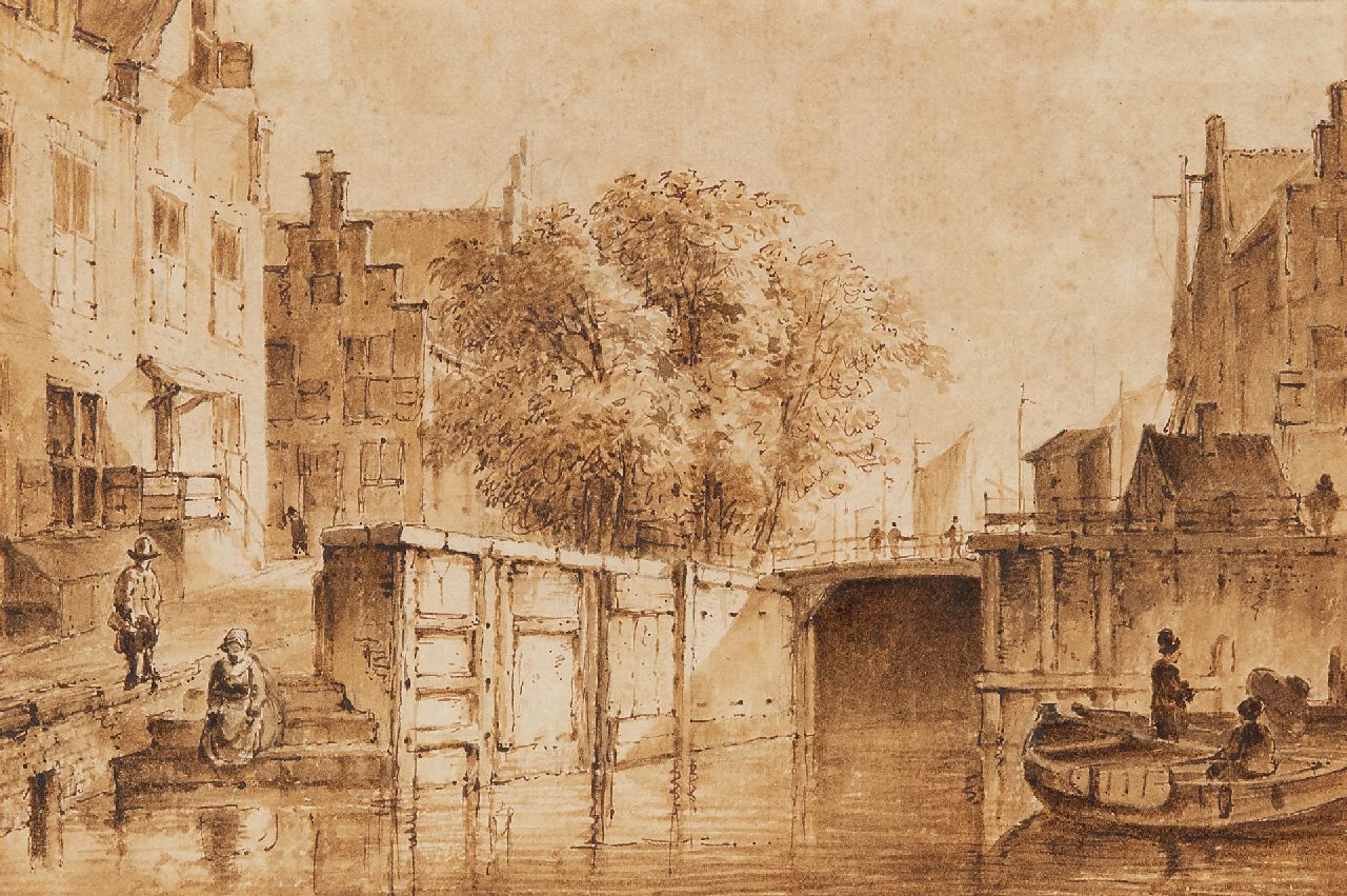 Westenberg G.P.  | George Pieter Westenberg, The Oude Haarlemmersluis, direction Martelaarsgracht, Amsterdam, pen, brush and ink on paper 11.8 x 17.4 cm, signed on the reverse and dated 1822