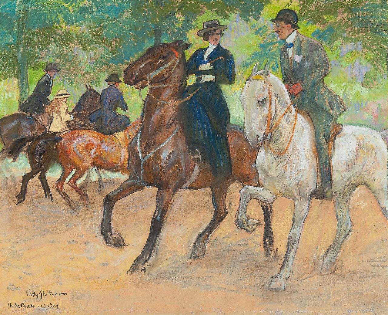 Sluiter J.W.  | Jan Willem 'Willy' Sluiter | Watercolours and drawings offered for sale | Horse riding in Hyde Park, London, pastel on paper 38.0 x 49.0 cm, signed l.l.