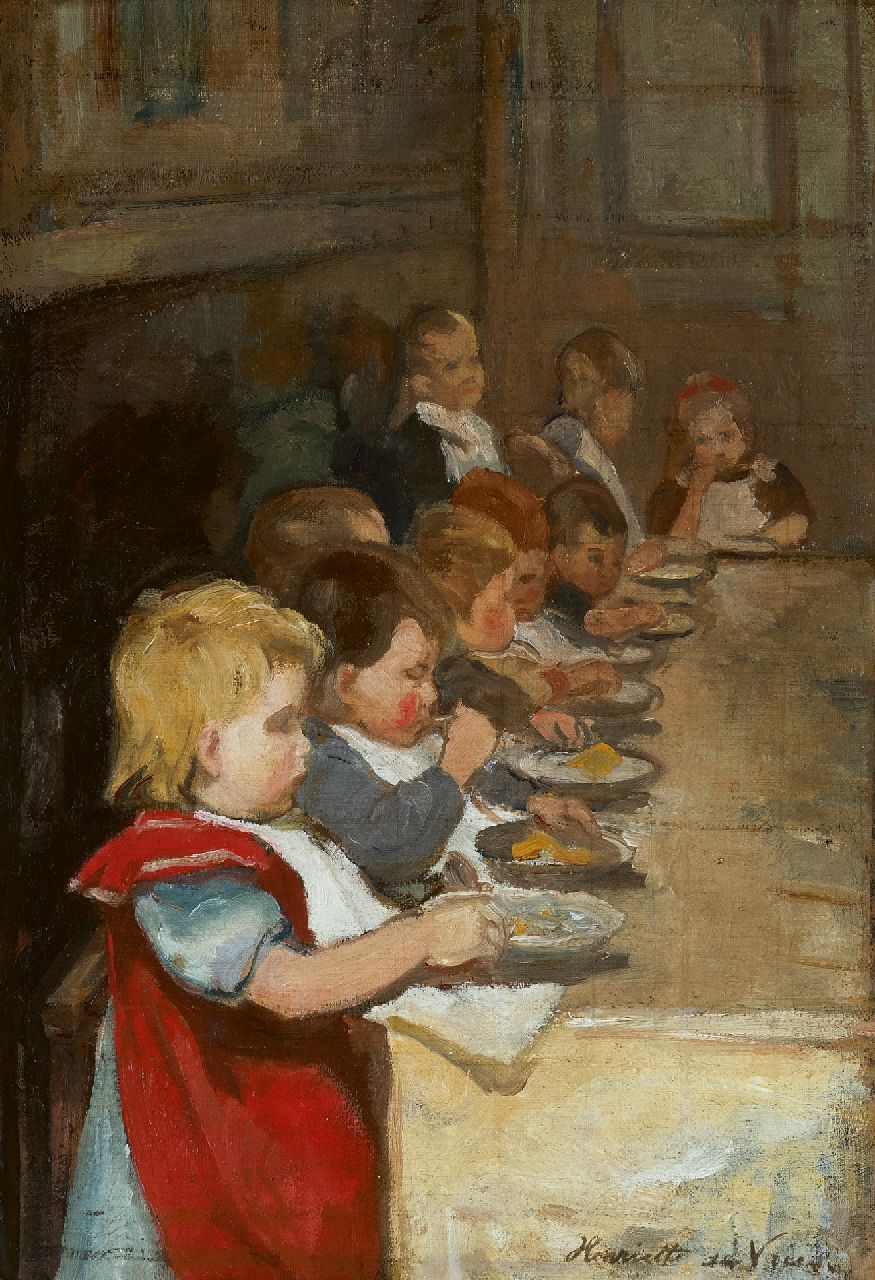 Vries S.C.H. de | Susanna Cornelia 'Henriëtte' de Vries, Children's mealtime, oil on canvas 42.4 x 32.2 cm, signed l.r.