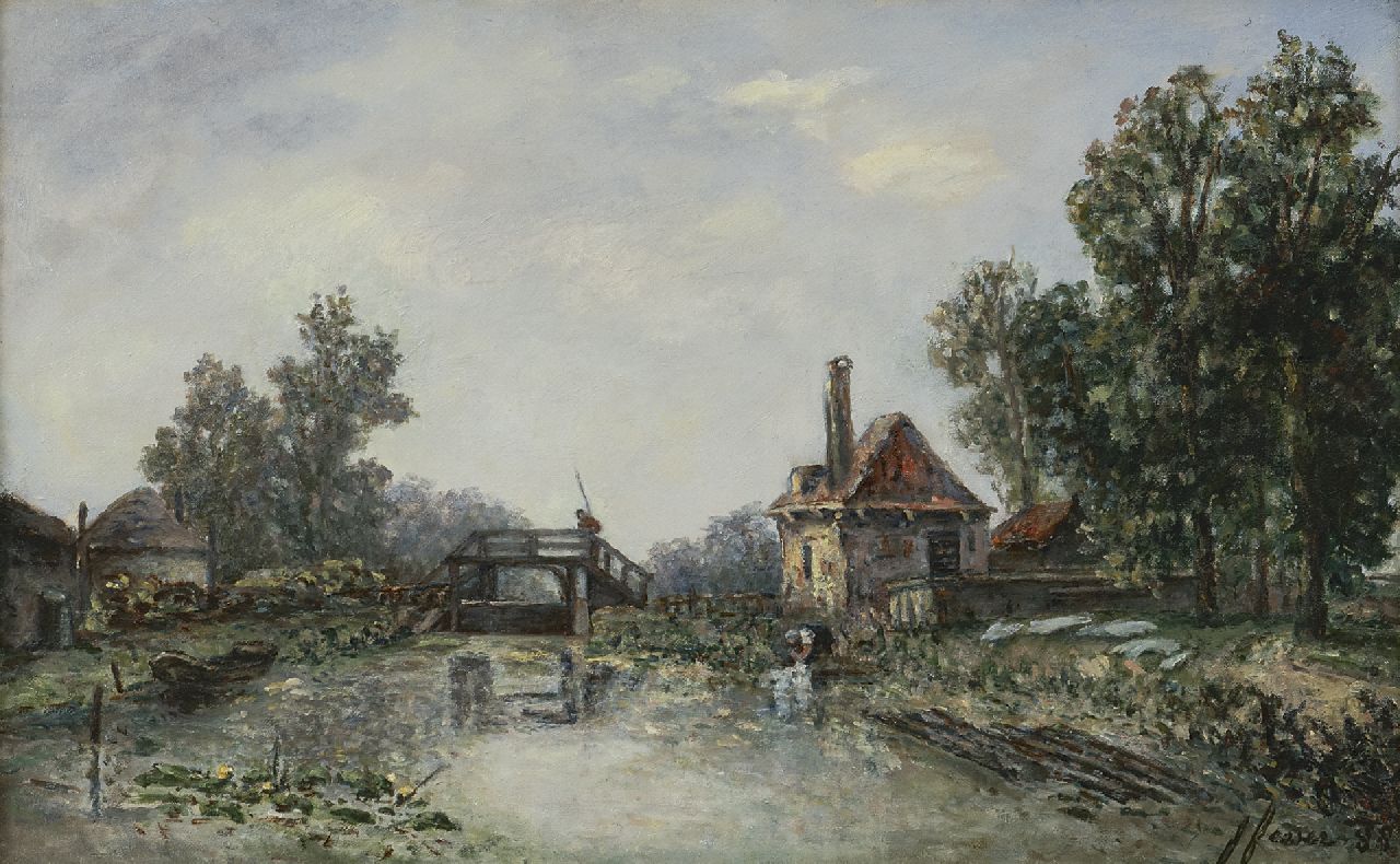 Fesser-Borrhée M.J.  | Marie 'Joséphine' Fesser-Borrhée | Paintings offered for sale | Washerwoman nearby a lock, oil on canvas 26.2 x 42.2 cm, signed l.r. and painted '88