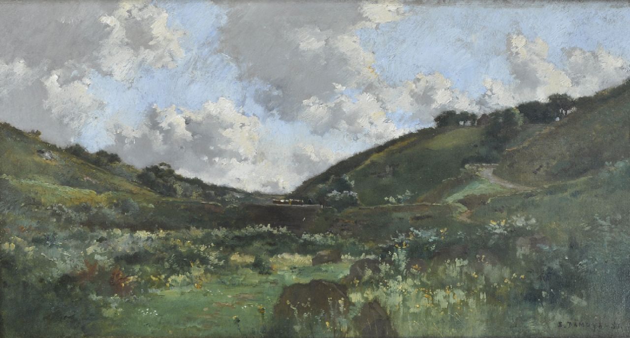 Damoye P.E.  | Pierre-Emmanuel Damoye, A hilly landscape, France, oil on panel 32.7 x 60.2 cm, signed l.r. and dated '81