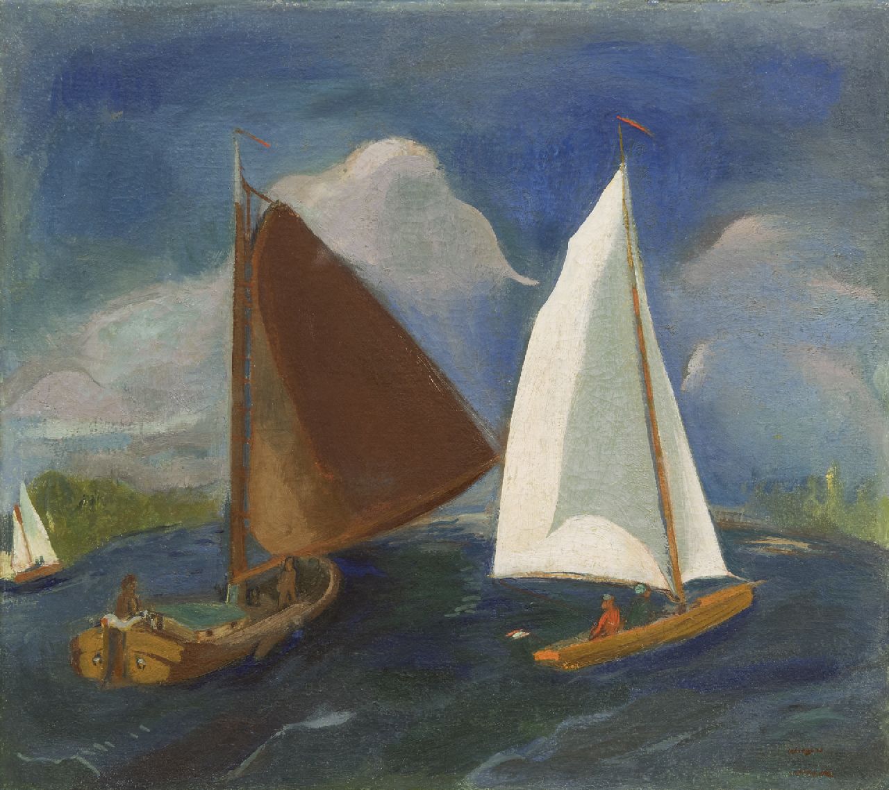 Wiegers J.  | Jan Wiegers, Sailing boats on the Paterswoldsemeer, wax paint on canvas 45.5 x 50.4 cm, signed l.r. (twice) and painted ca. 1931