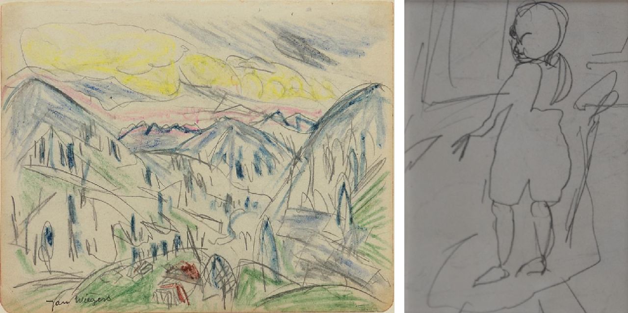 Wiegers J.  | Jan Wiegers | Watercolours and drawings offered for sale | Swiss mountain landscape; on the reverse: Portait of a boy, pencil and wax crayon on paper 17.5 x 21.5 cm, signed l.l. and executed ca. 1920