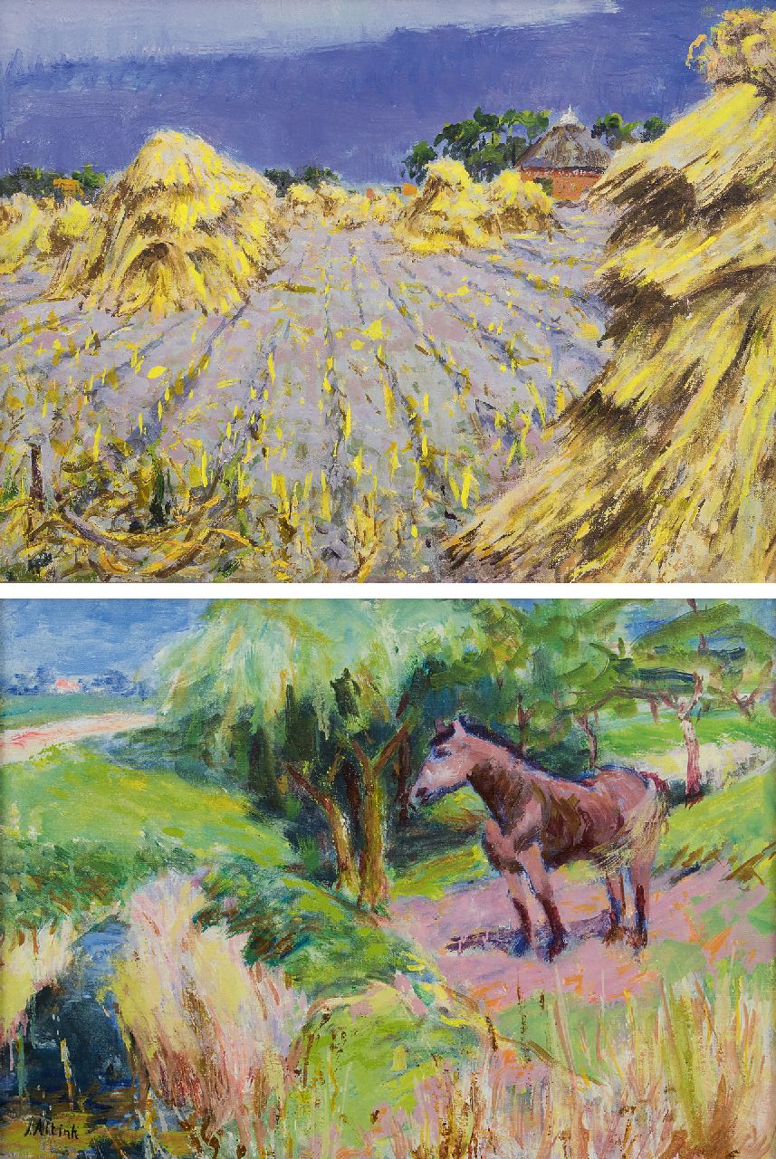 Altink J.  | Jan Altink, Flax field; on the reverse: A horse in a field, wax paint on canvas 58.0 x 78.5 cm, signed l.l. on the reverse and painted ca. 1930