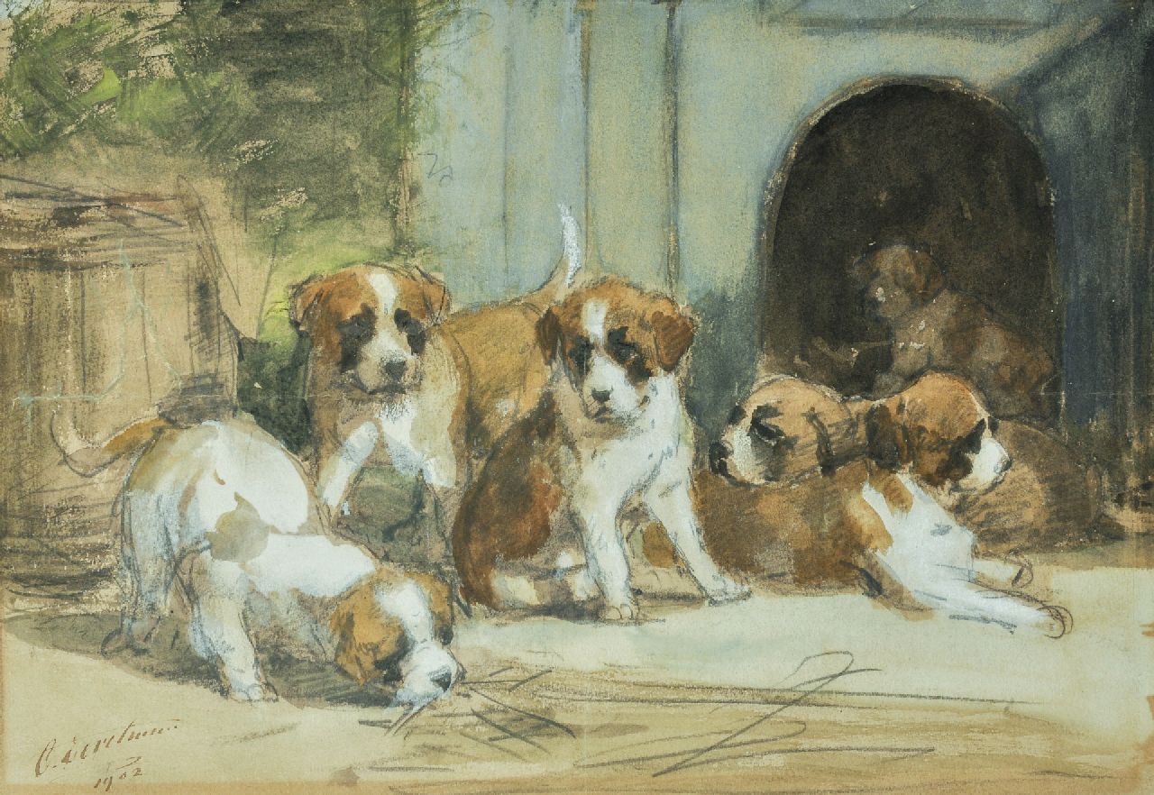 Eerelman O.  | Otto Eerelman, Saint-Bernard pups, chalk and watercolour on paper 22.8 x 32.6 cm, signed l.l. and dated 1902