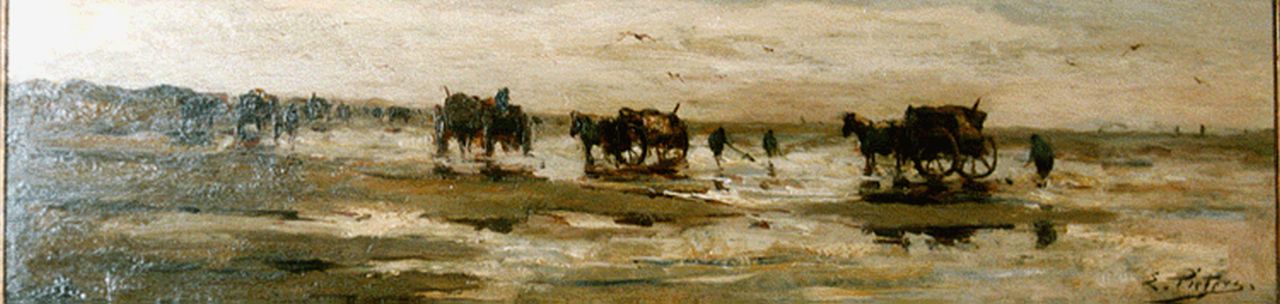 Pieters E.  | Evert Pieters, A view of the beach with shell-gatherers, oil on panel 15.8 x 60.0 cm, signed l.r.