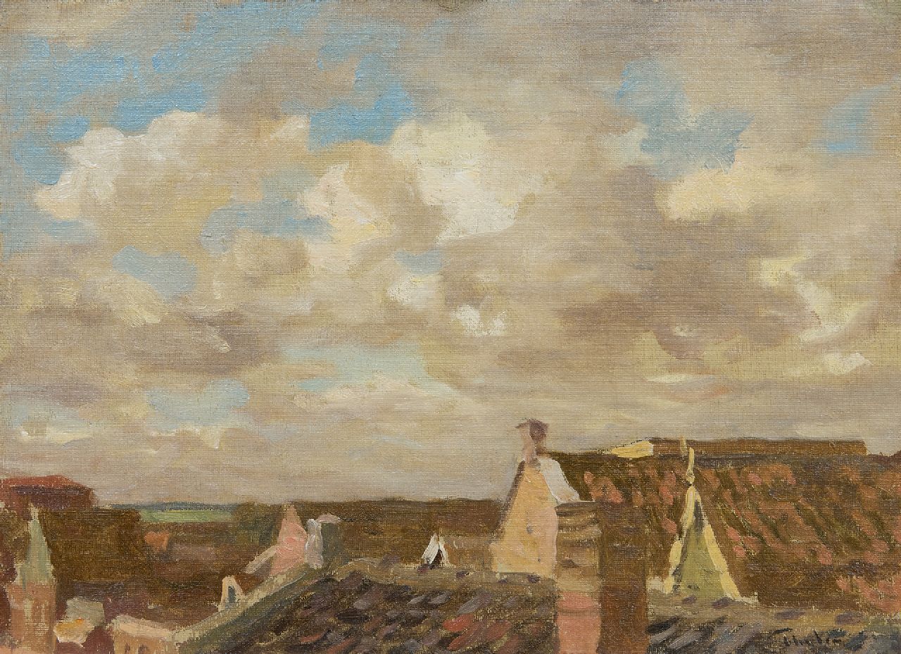 Tholen W.B.  | Willem Bastiaan Tholen, A view over roofs, oil on canvas laid down on panel 23.0 x 31.7 cm, signed l.r.