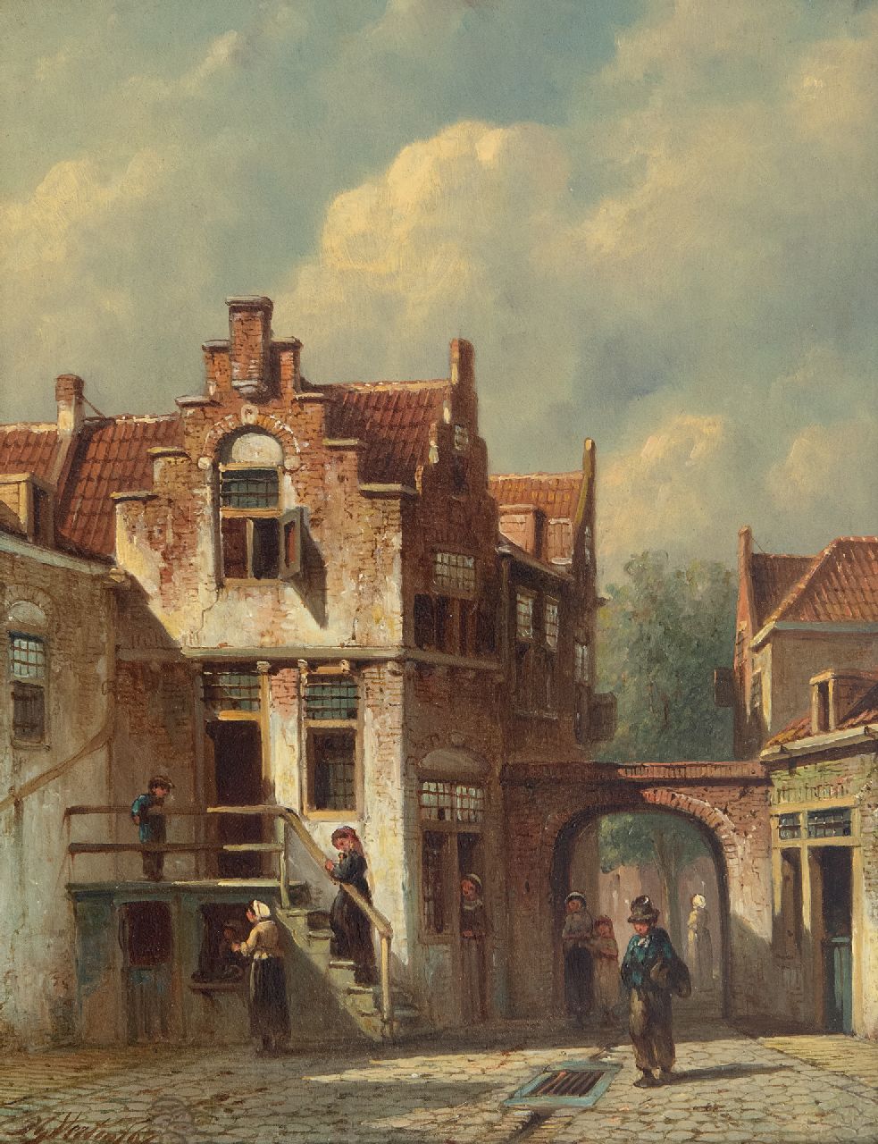 Vertin P.G.  | Petrus Gerardus Vertin | Paintings offered for sale | A sunny Dutch street and some people at the town gate, oil on panel 26.1 x 20.5 cm, signed l.l. and dated '67