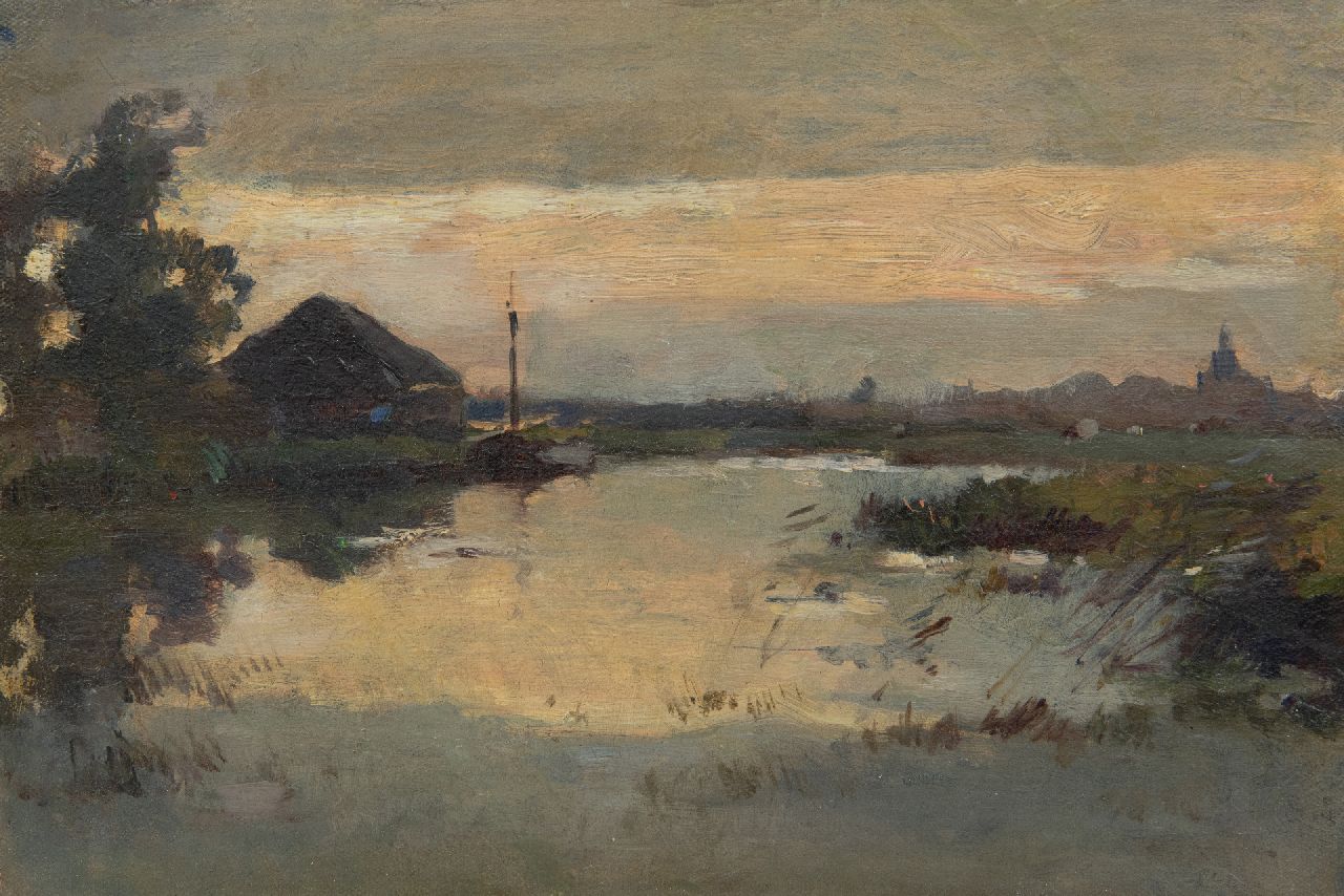 Knikker A.  | Aris Knikker | Paintings offered for sale | A river at sunset, oil on canvas laid down on panel 23.2 x 33.4 cm, without frame